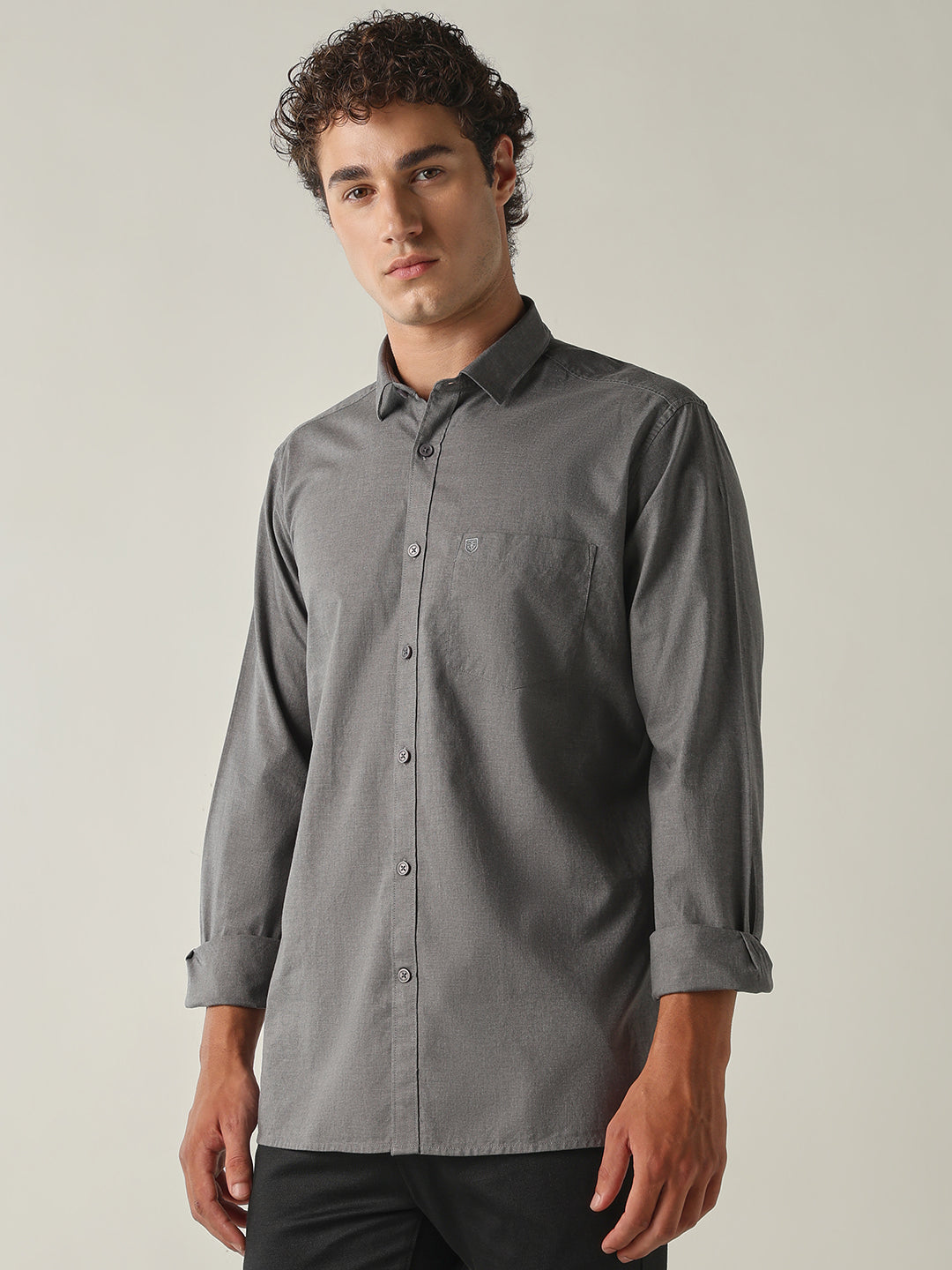 Men's Pure Cotton Melange Solid Regular Fit Full Sleeve Casual Shirt - Grey