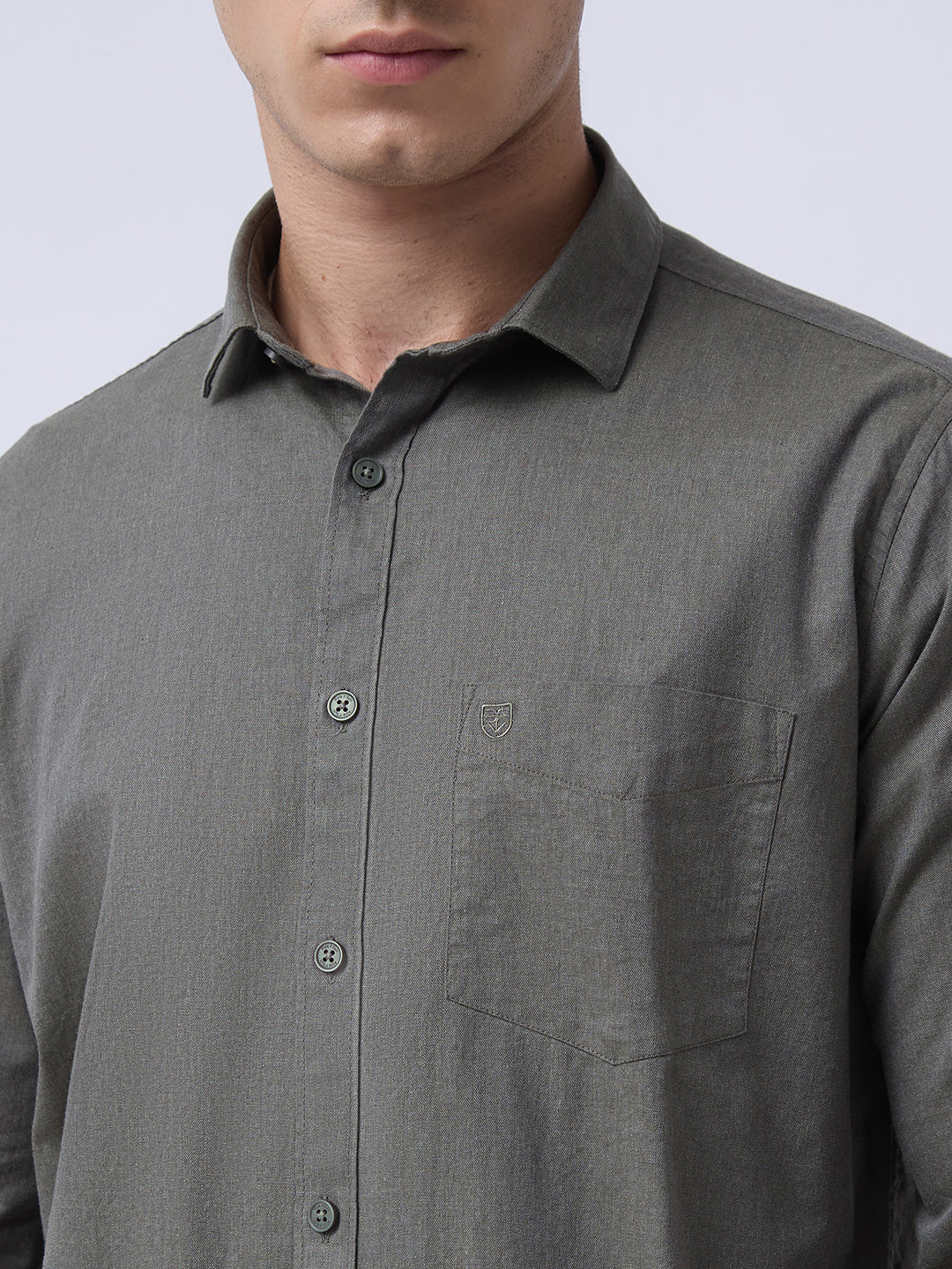 Men's Pure Cotton Melange Solid Regular Fit Full Sleeve Casual Shirt - Olive