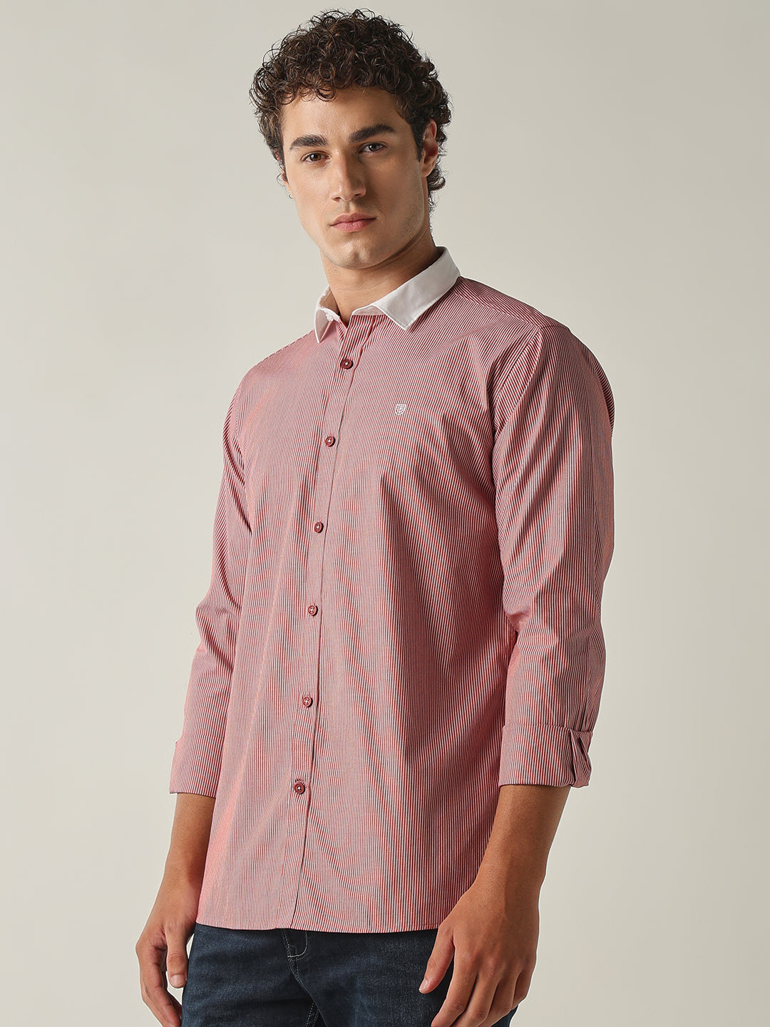 Men's Pure Cotton Stripes Slim Fit Full Sleeve Casual Shirt - Red