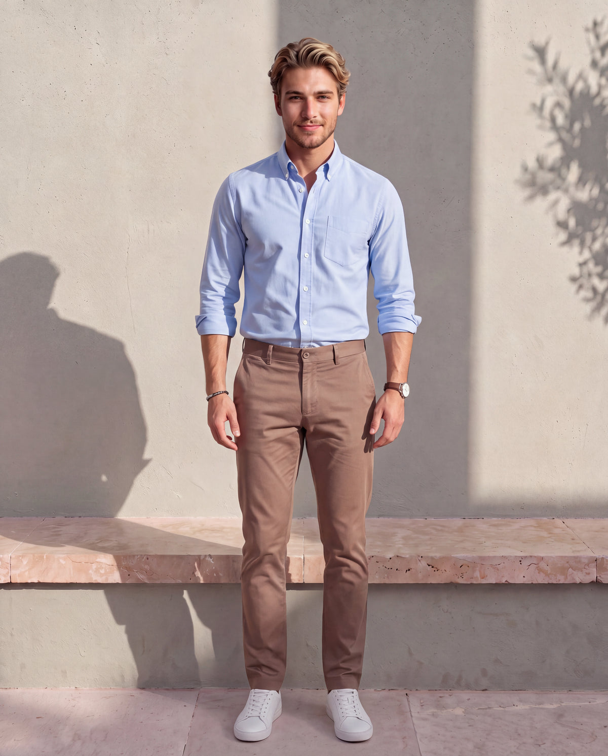 Men's Solid Cotton Stretch Regular Fit Casual Trousers-Beige