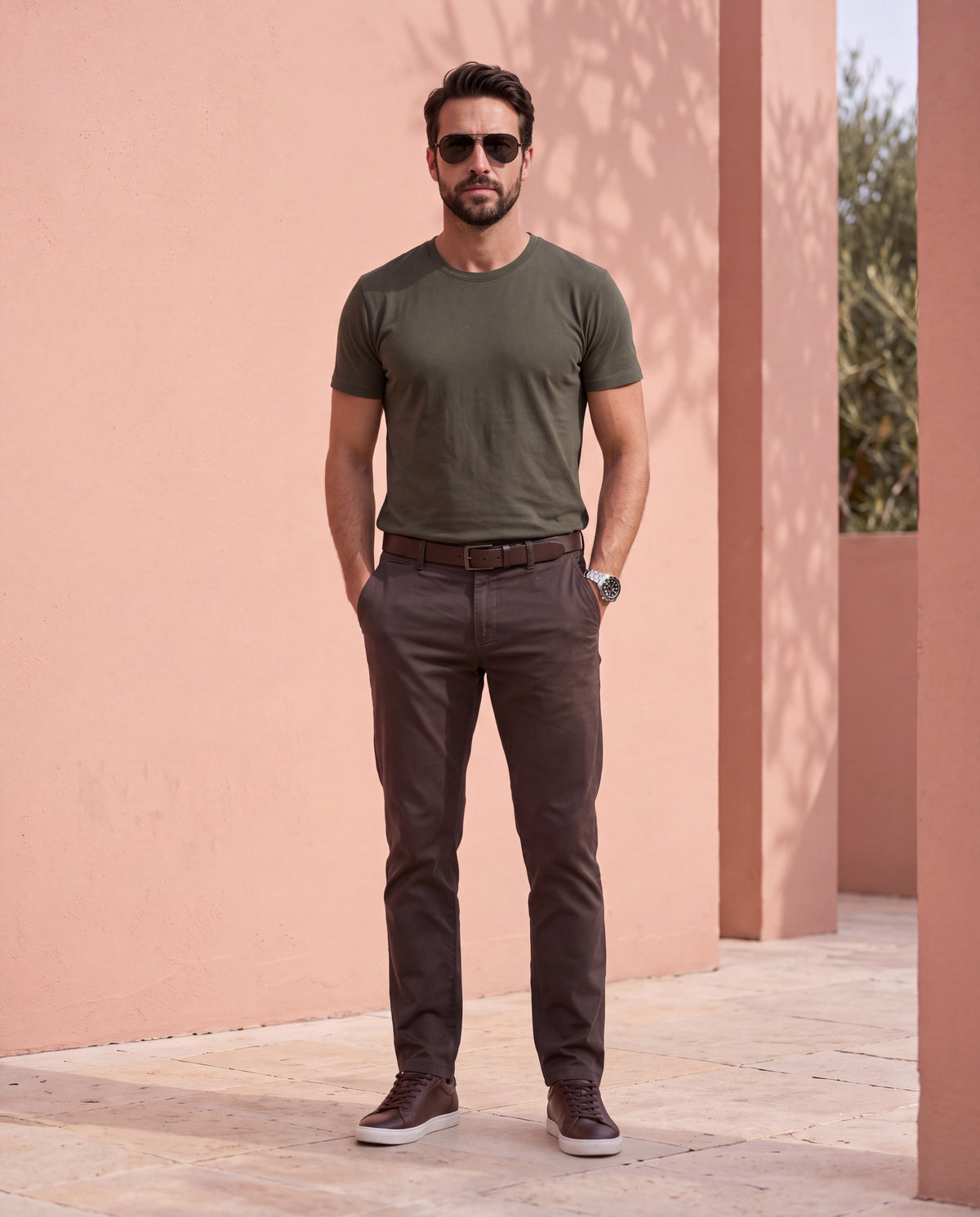 Men's Solid Cotton Stretch Regular Fit Casual Trousers-Green