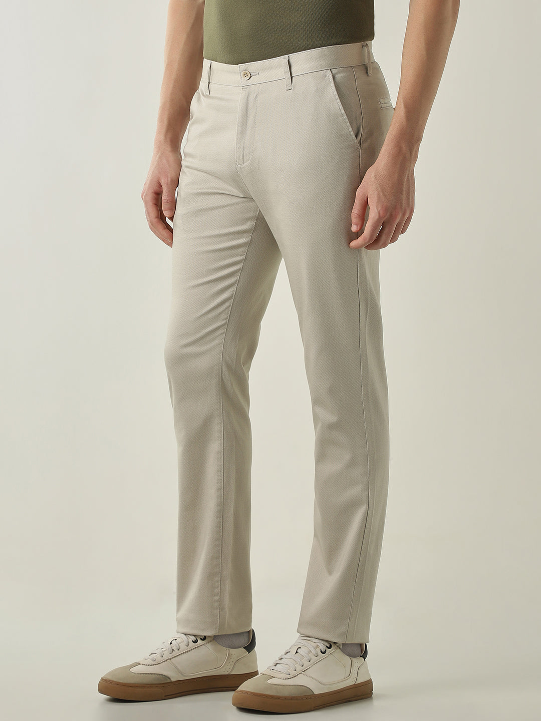 Men's Solid Cotton Lycra Solid Regular Fit Casual Trousers - Beige