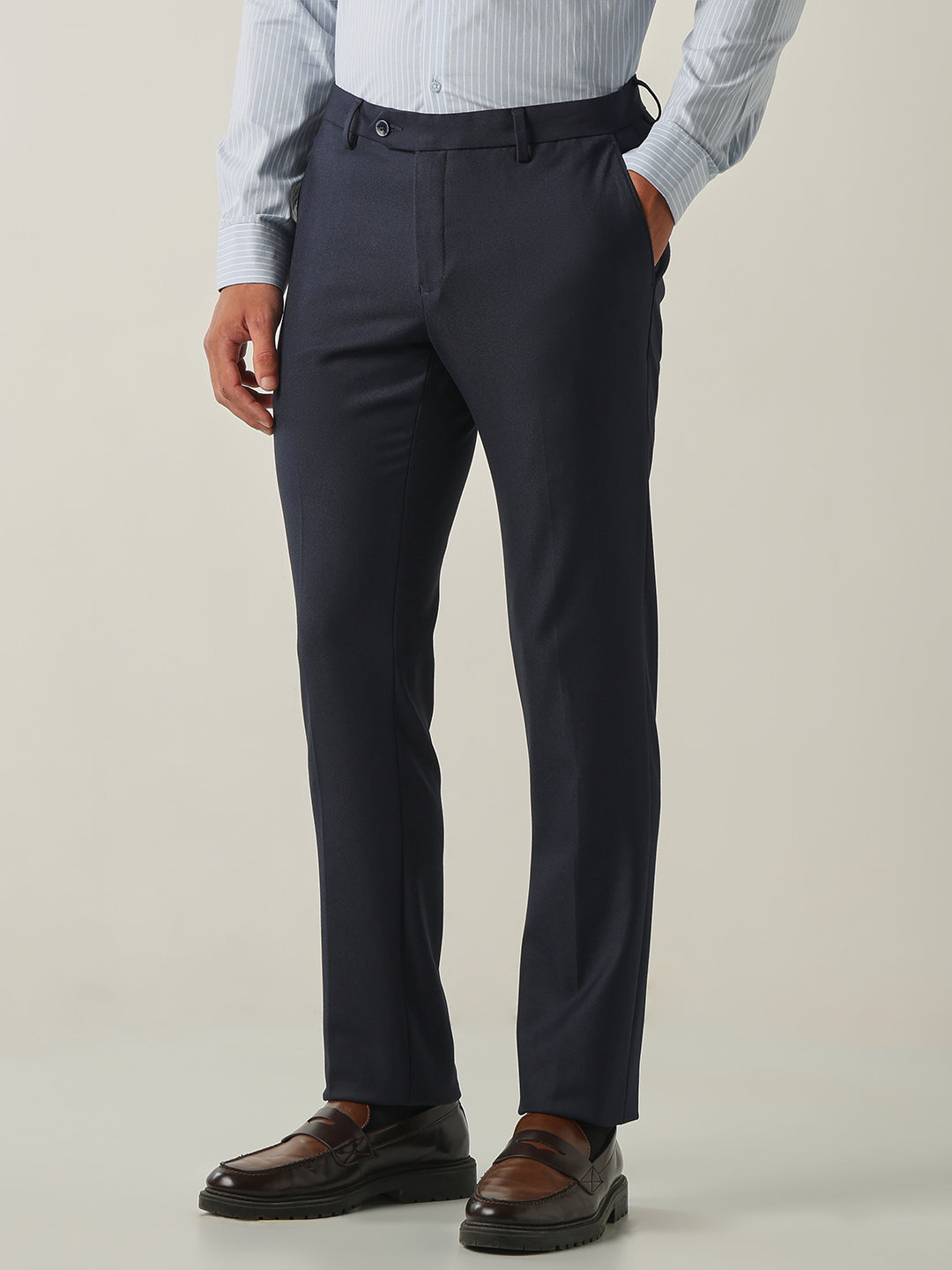 Men's Solid Poly Viscose Elastane Regular Fit Formal Trousers - Navy