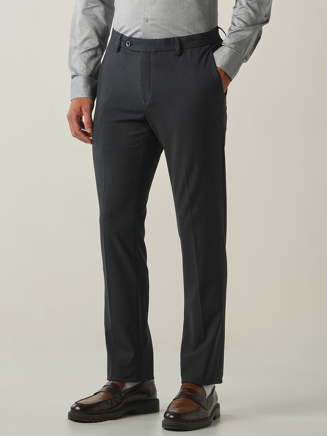 Men's Solid Poly Viscose Elastane Regular Fit Formal Trousers - Navy