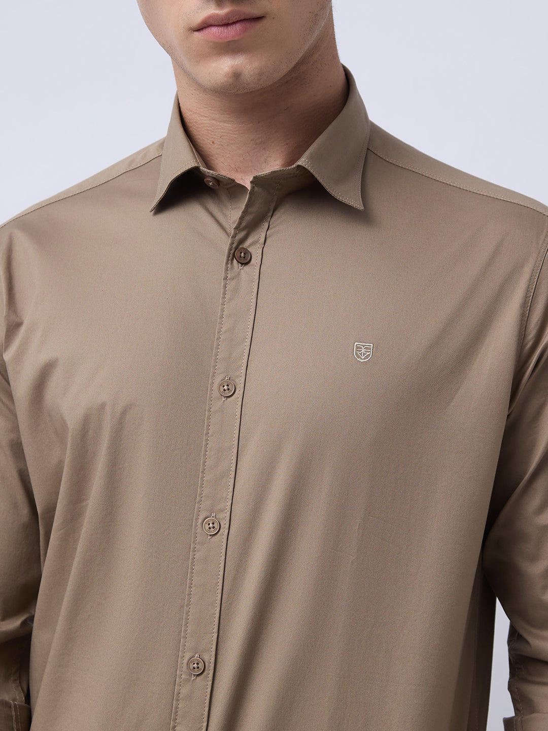 Men's Cotton Stretch Solid Slim Fit Full Sleeve Casual Shirt - Khaki
