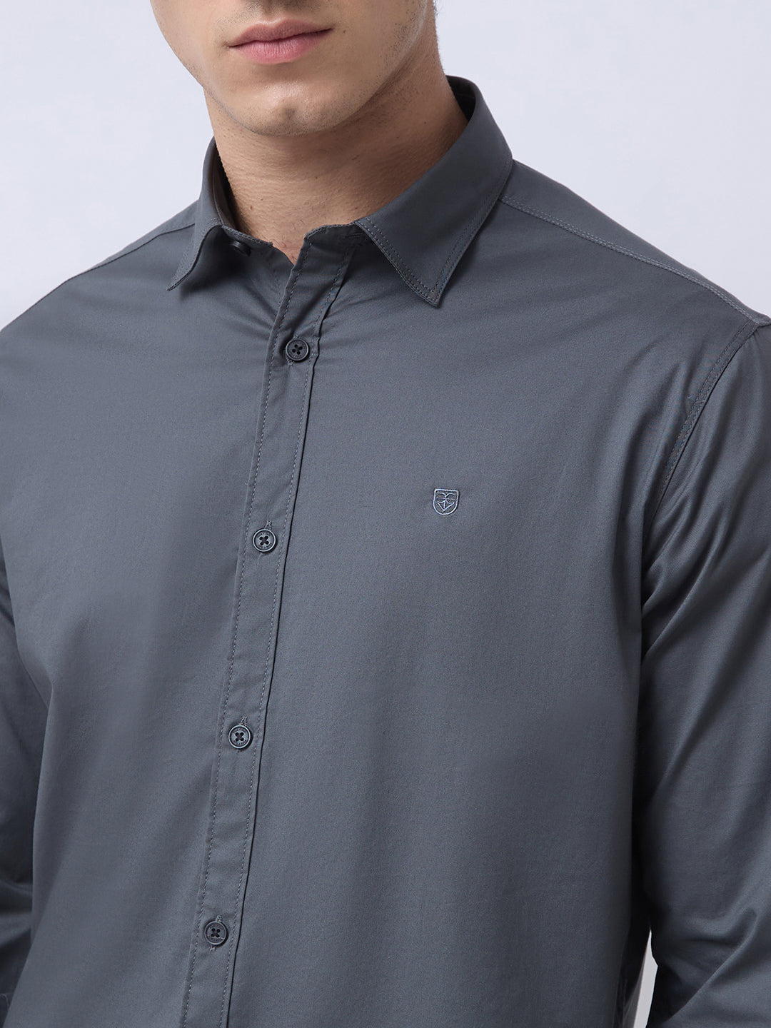 Men's Cotton Stretch Solid Slim Fit Full Sleeve Casual Shirt - Steel Grey
