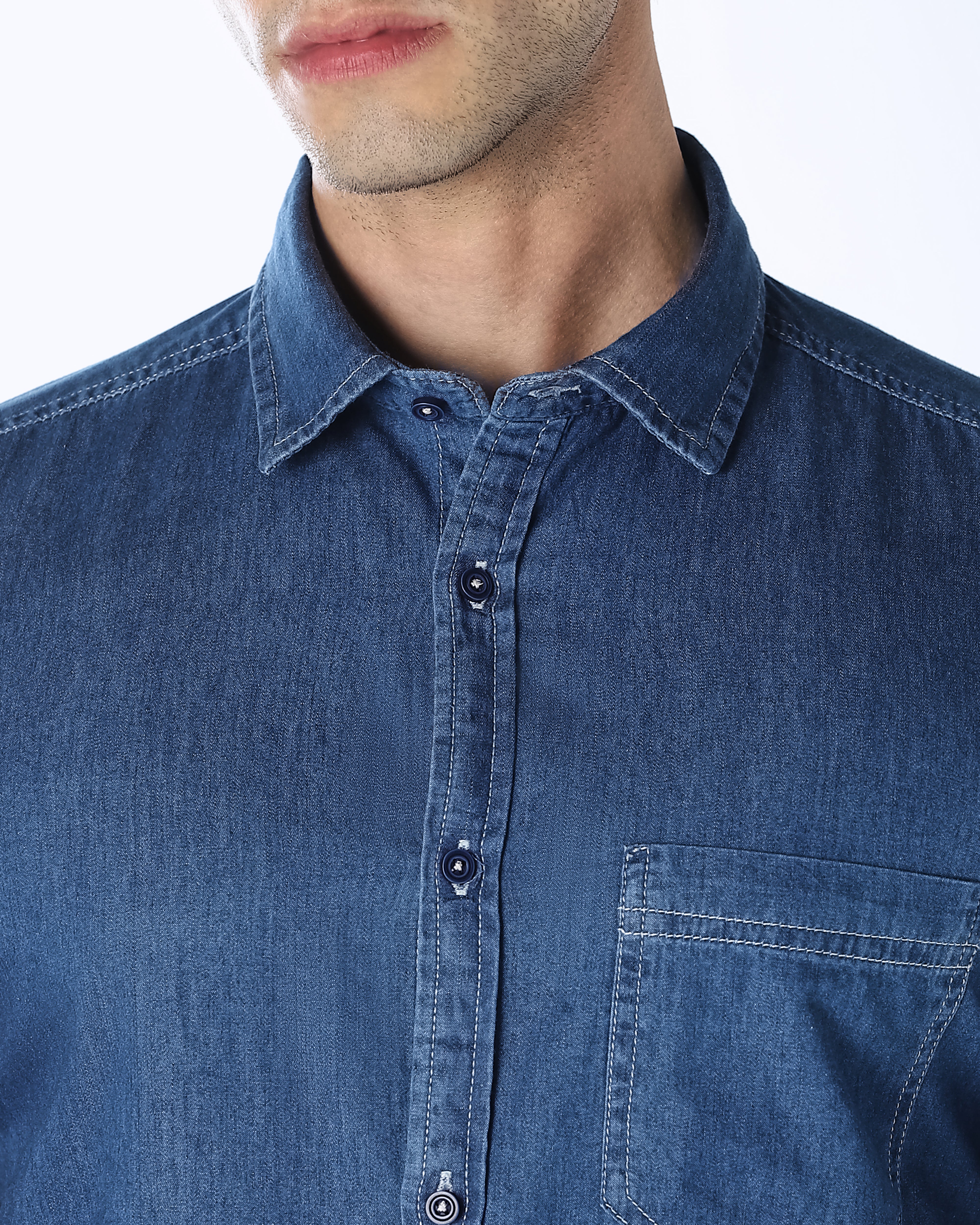 Dark Blue Denim 100% Cotton Slim Fit Casual Full Sleeve Shirt