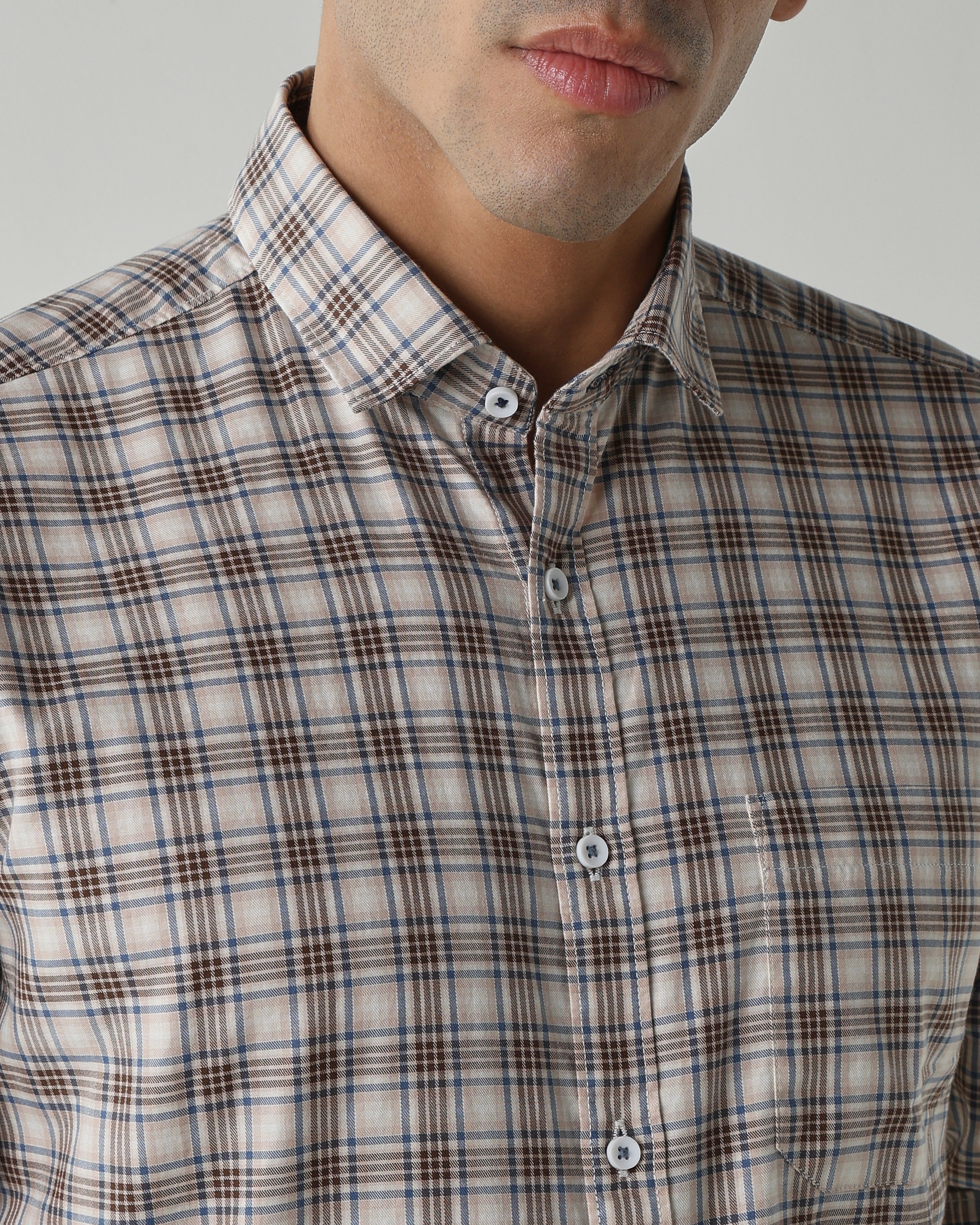 Brown/Blue Pure Cotton Shirts for Men | Slim Fit Luxury Wear