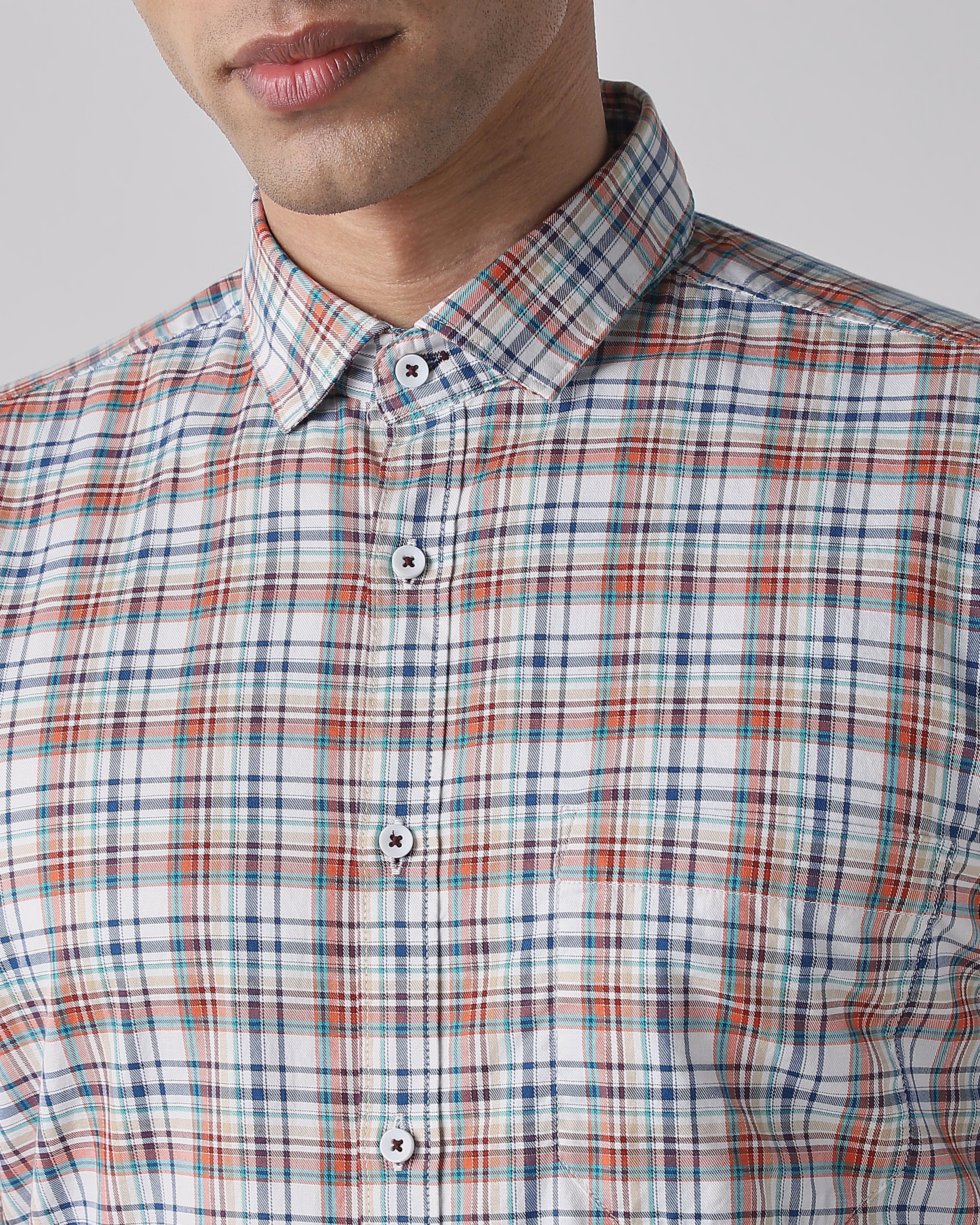 Men's Pure Cotton Checks Slim Fit Full Sleeve Casual Shirt - White