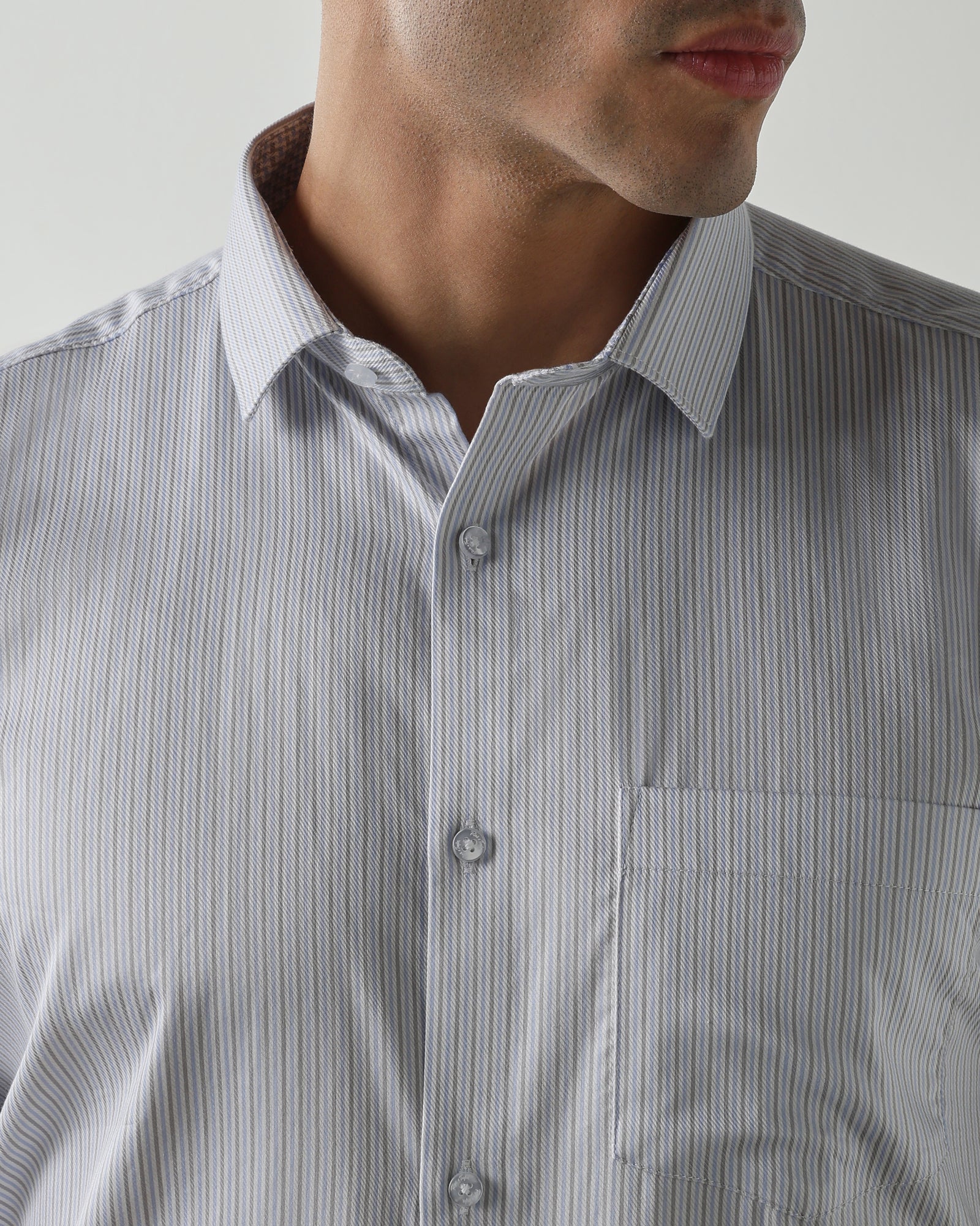 Grey/Sky Blue 100% Cotton Stripe Shirts For Men | Regular Fit Fashion Formal Wear