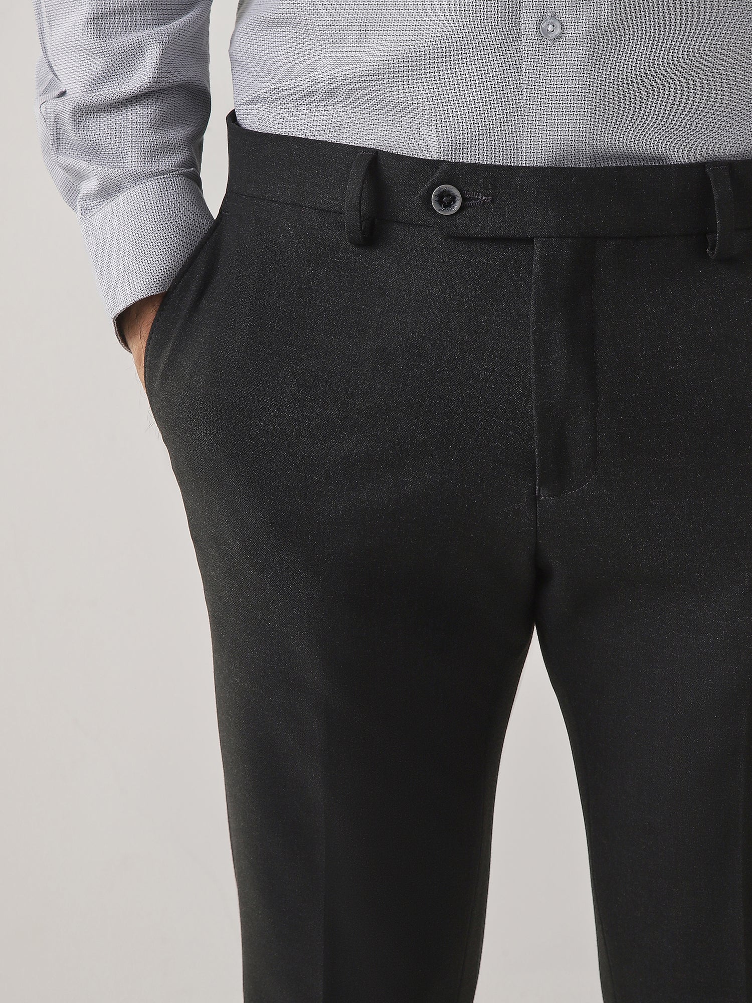 Dark Grey Cotton Blend Flat Front Slim Fit Formal Trouser