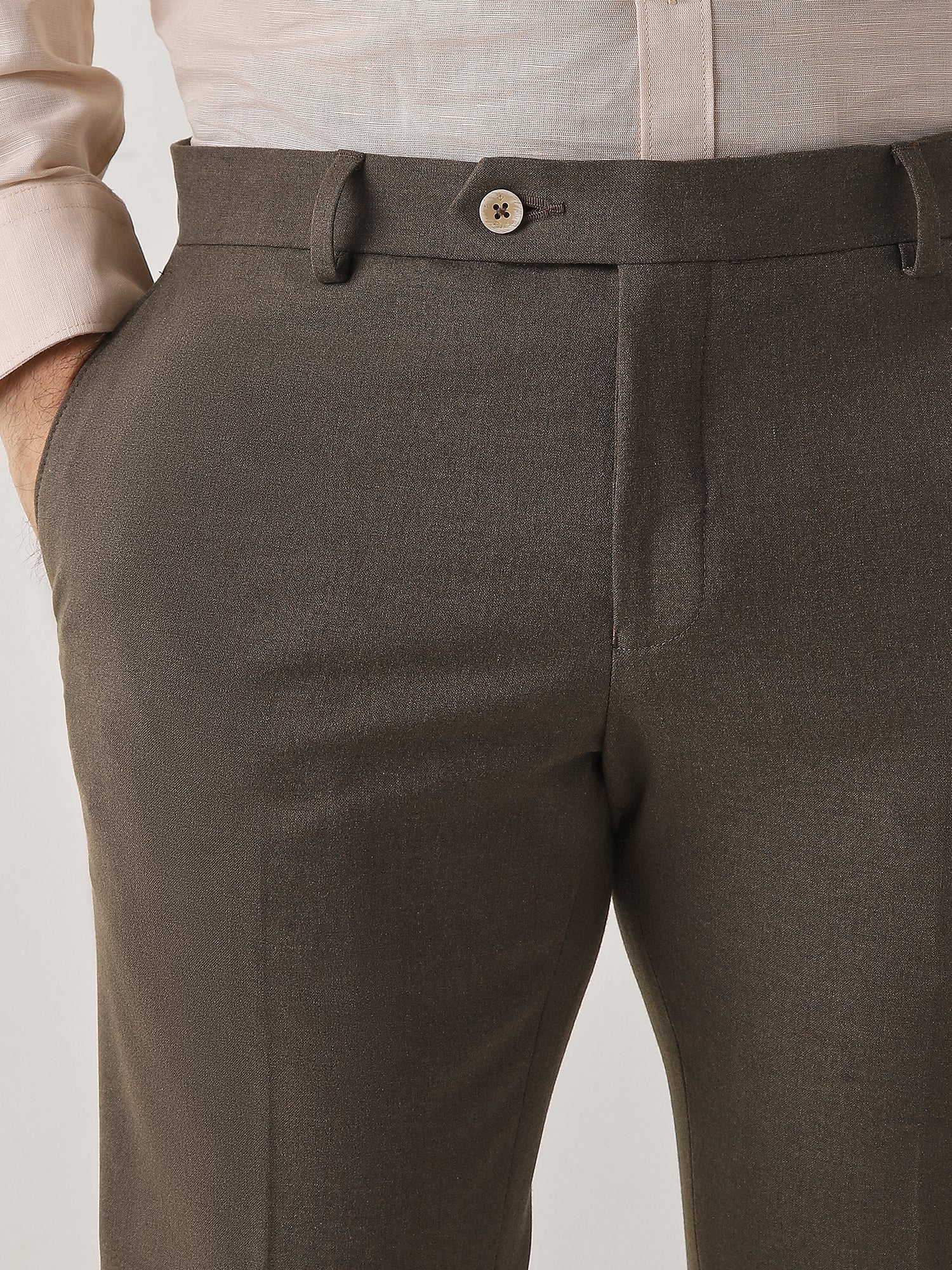 Khaki Cotton Blend Flat Front Slim Fit Formal Trouser