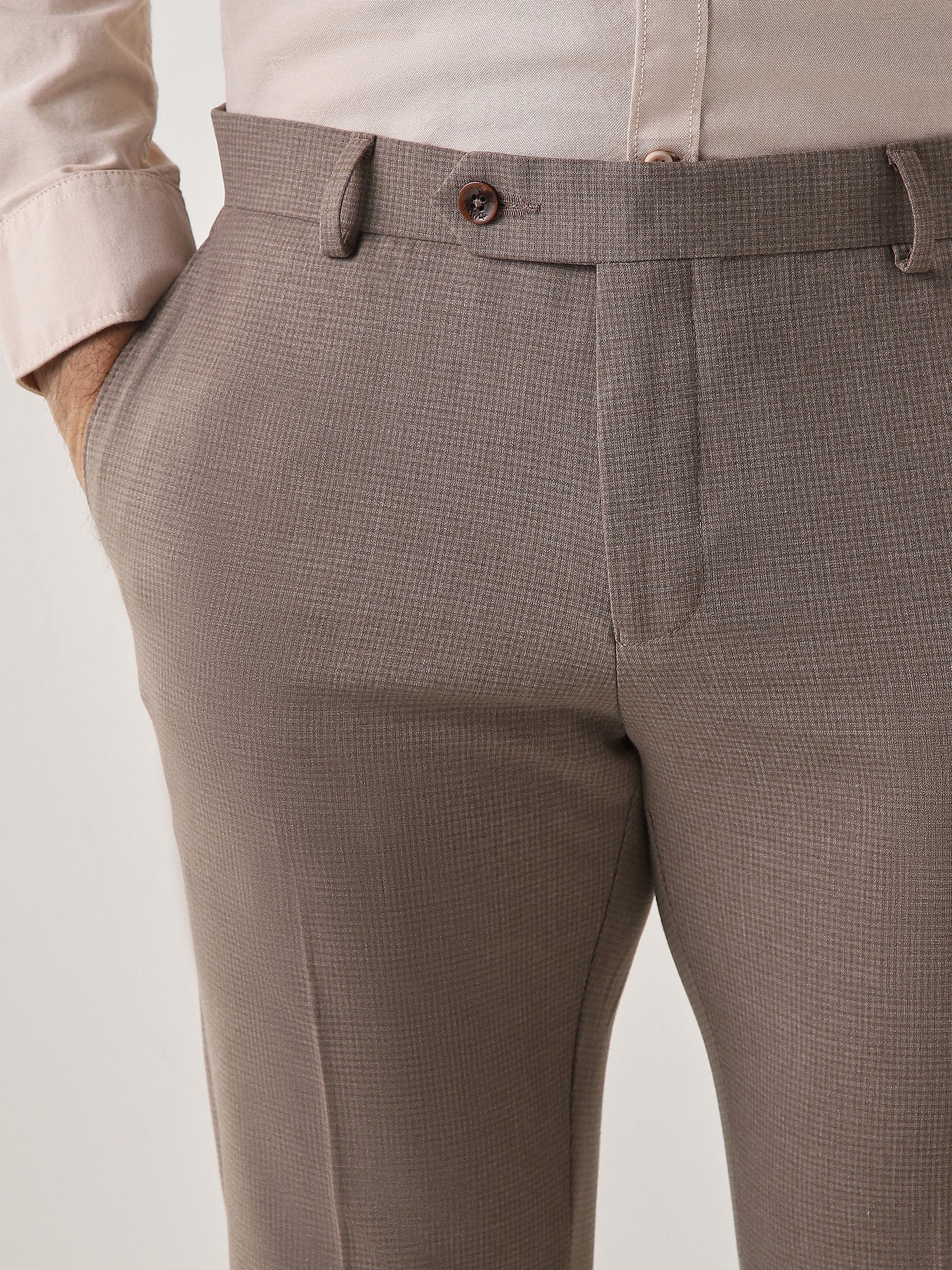Brown Cotton Blend Flat Front Slim Fit Formal Trouser
