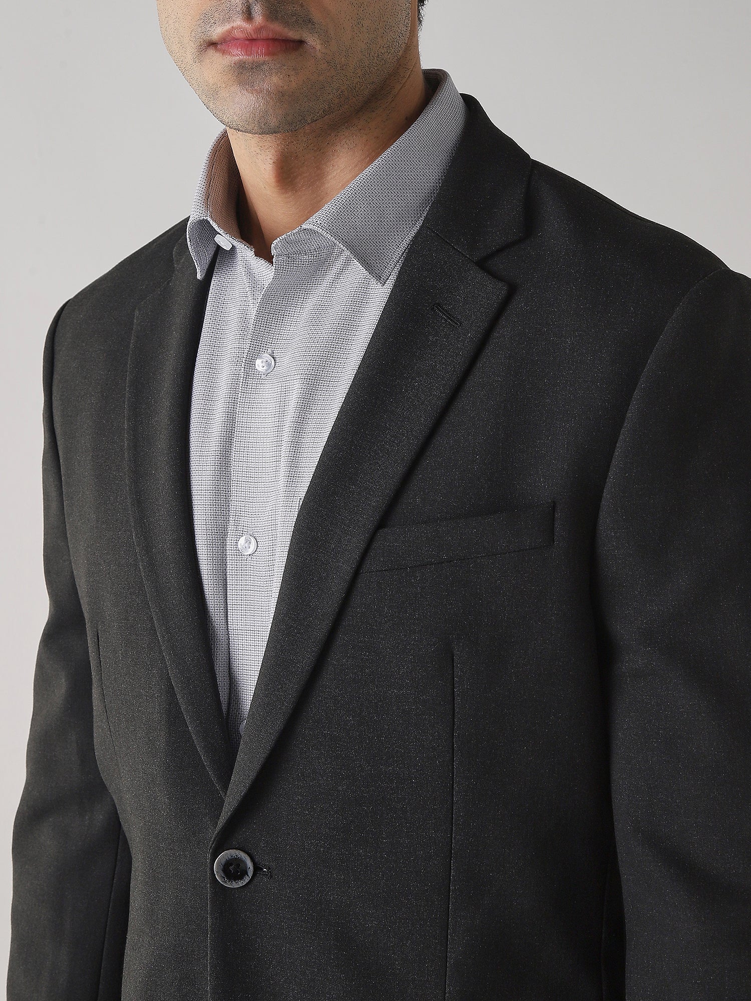 Dark Grey Textured Cotton Blend Tailored Fit Formal Blazer