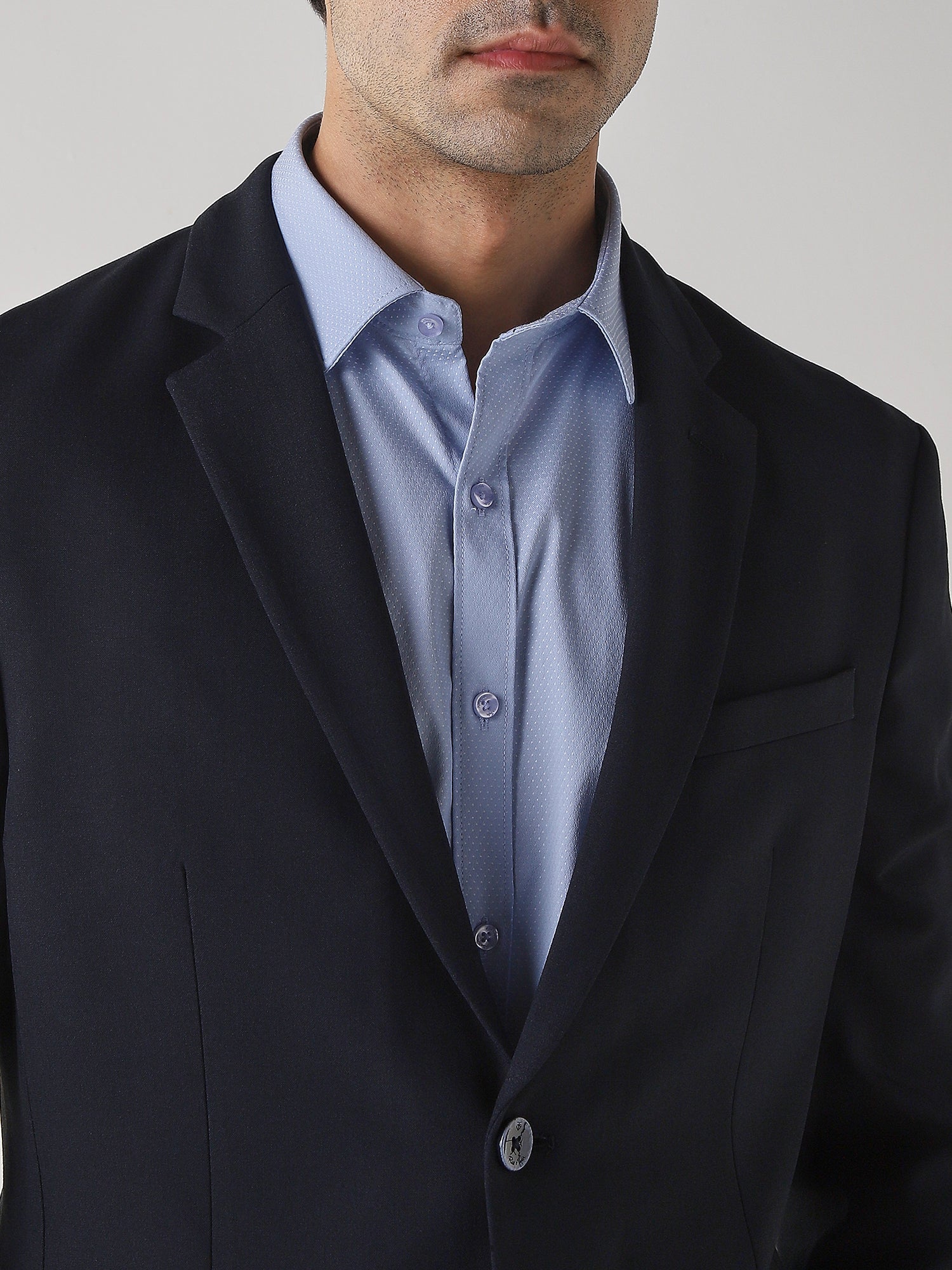 Navy Textured Cotton Blend Tailored Fit Formal Blazer