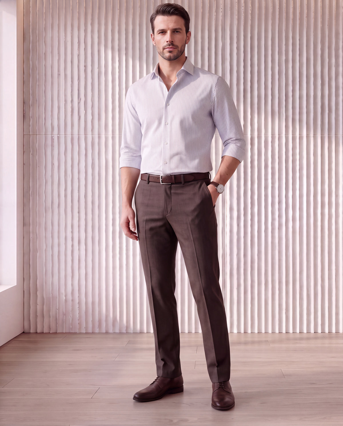 Men's Solid Poly Viscose Elastane Tailor Fit Formal Trousers-Brown