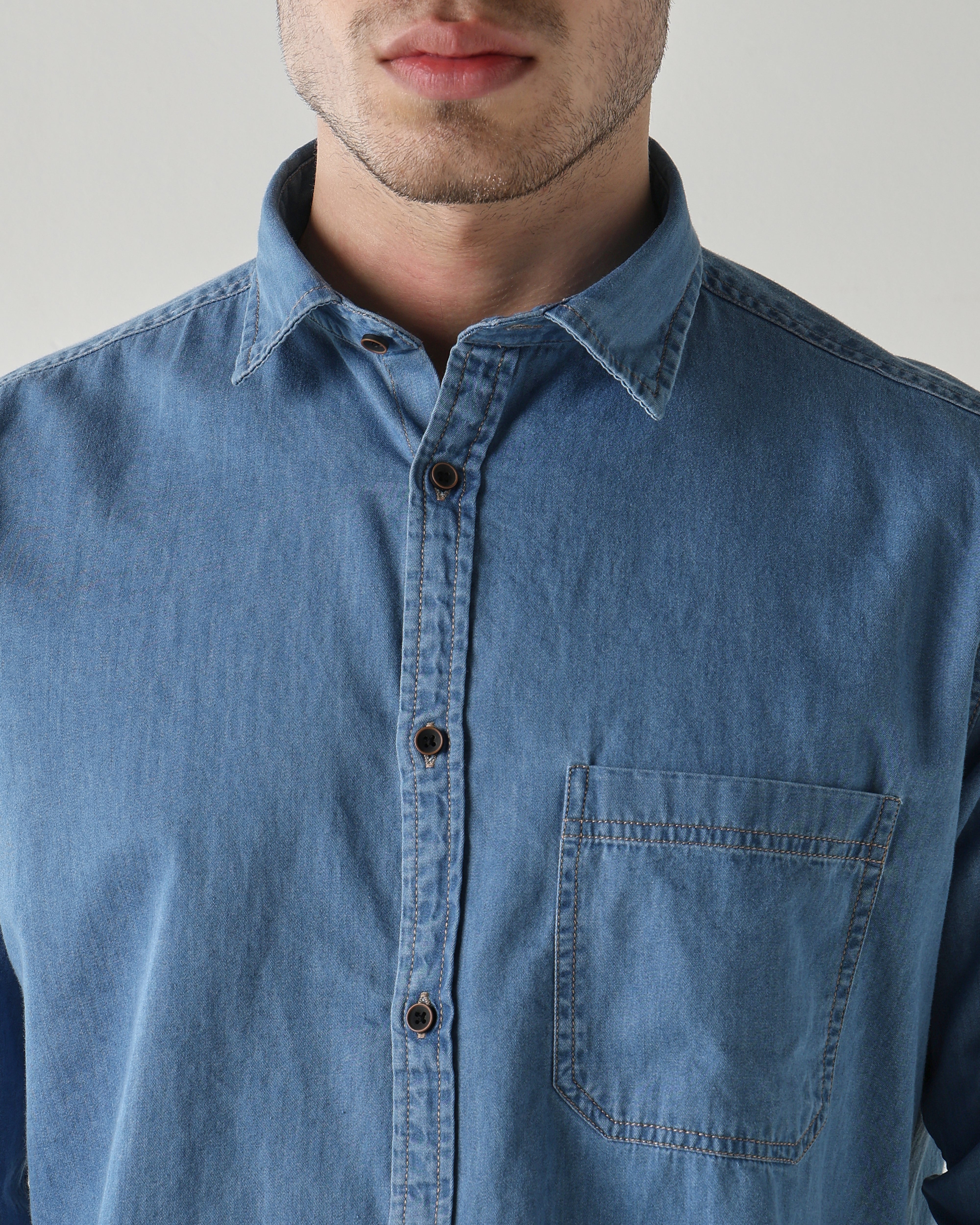 Men Slim Fit Denim Shirt - Light Blue