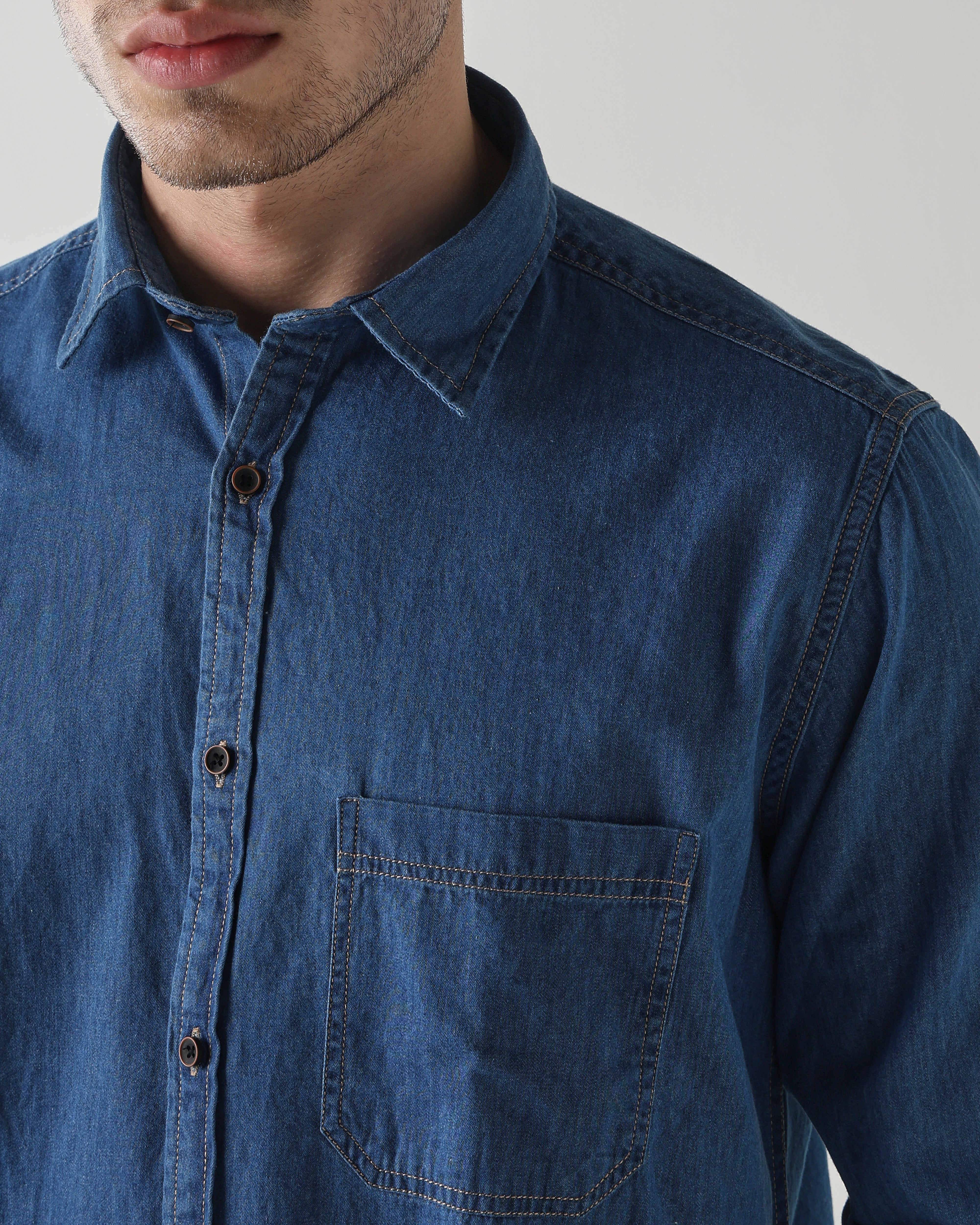 Men Slim Fit Denim Shirt - Medium Blue