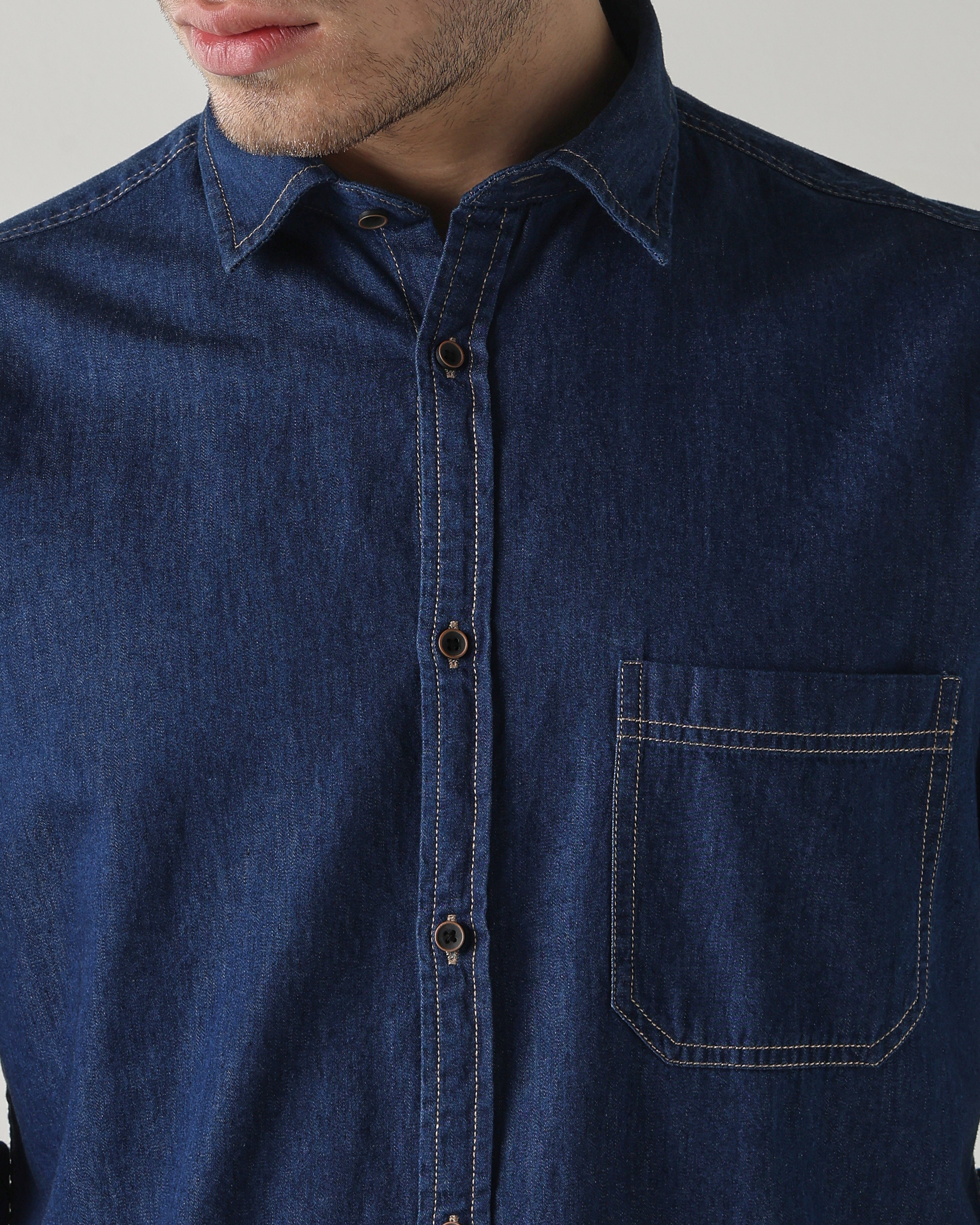 Men Slim Fit Denim Shirt - Dark Blue