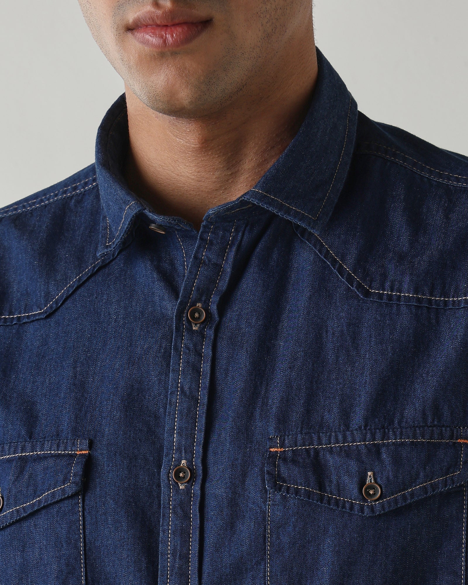 Men Slim Fit Denim Shirt - Dark Blue