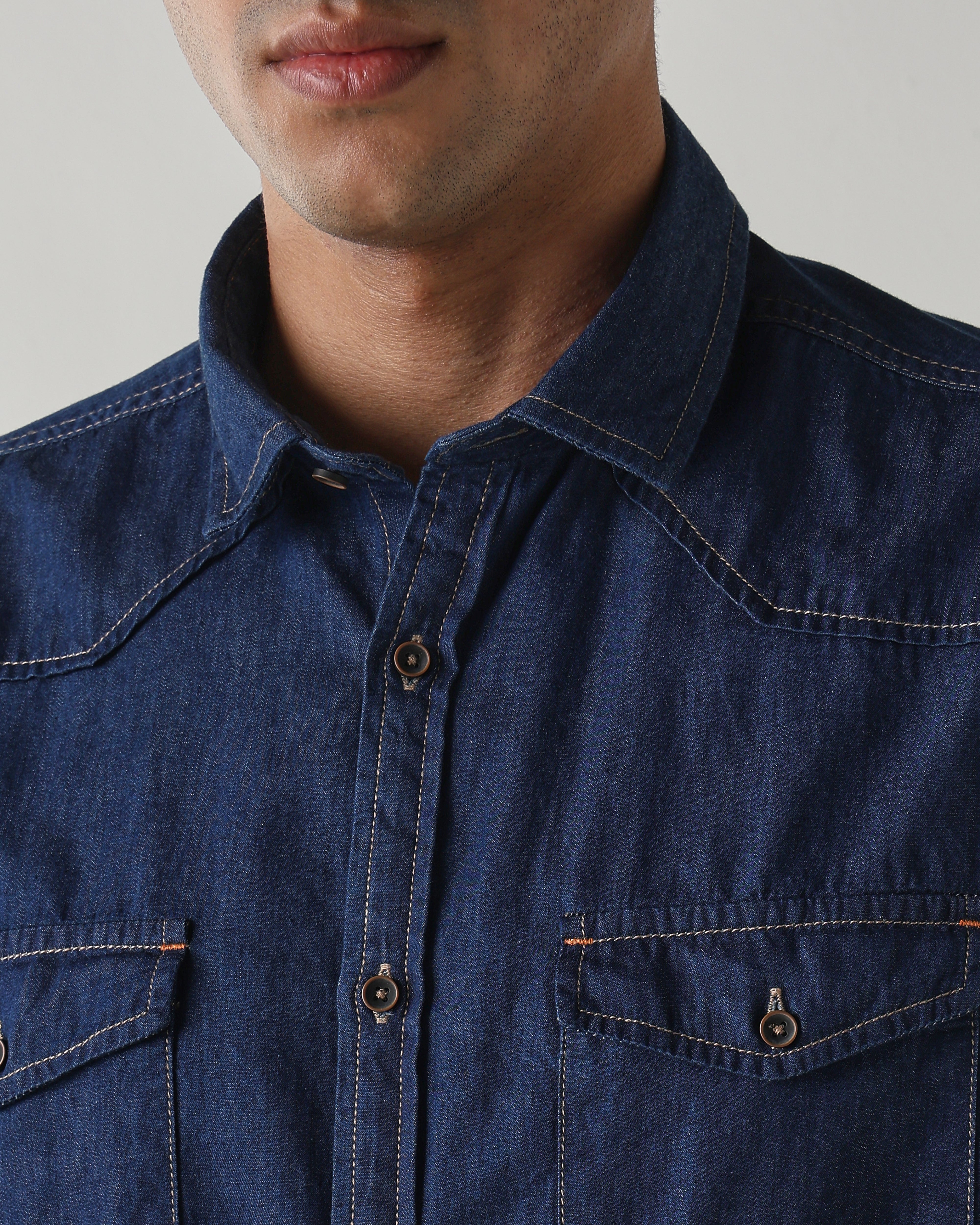 Men Slim Fit Denim Shirt - Dark Blue