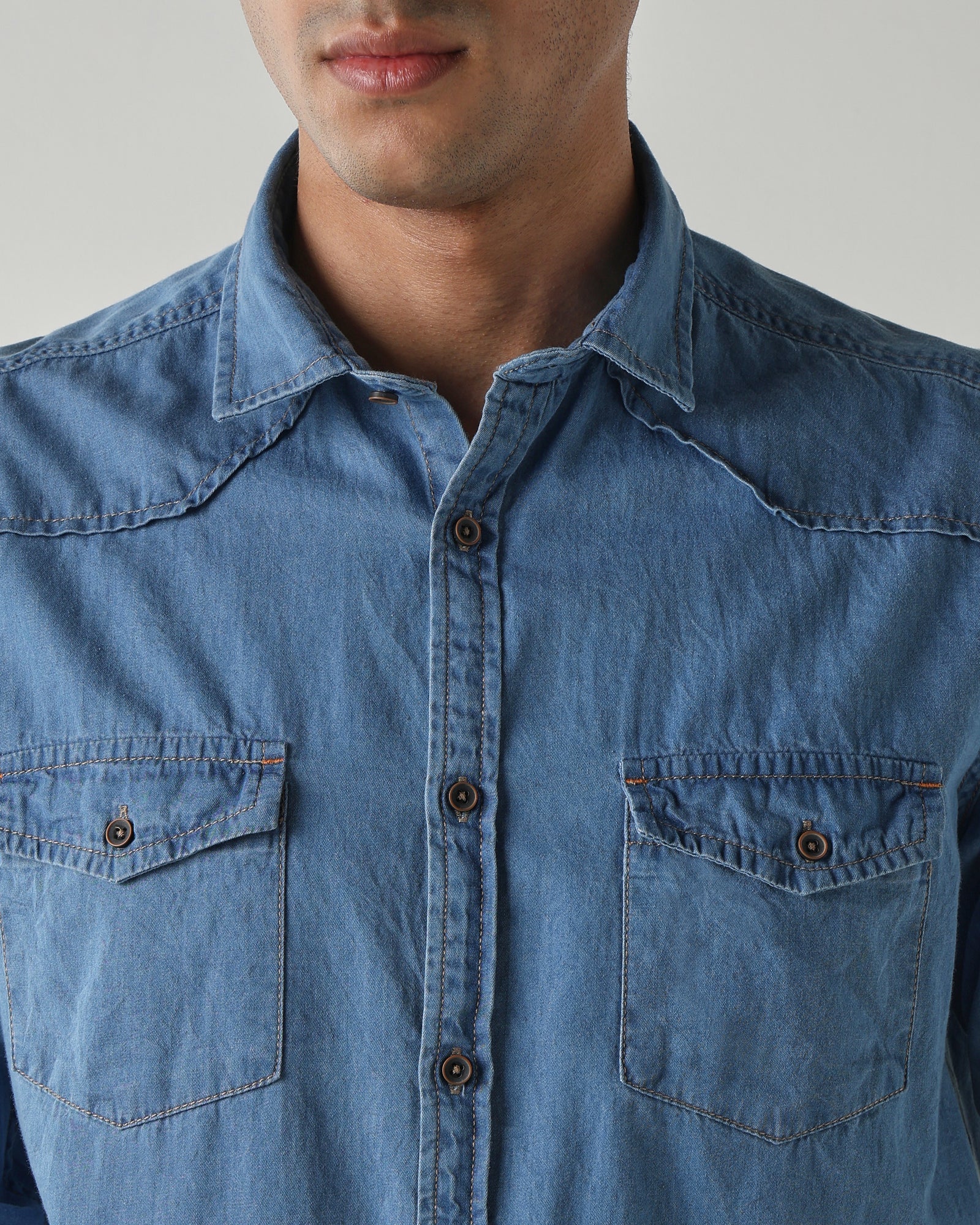 Men Slim Fit Denim Shirt- Light Blue