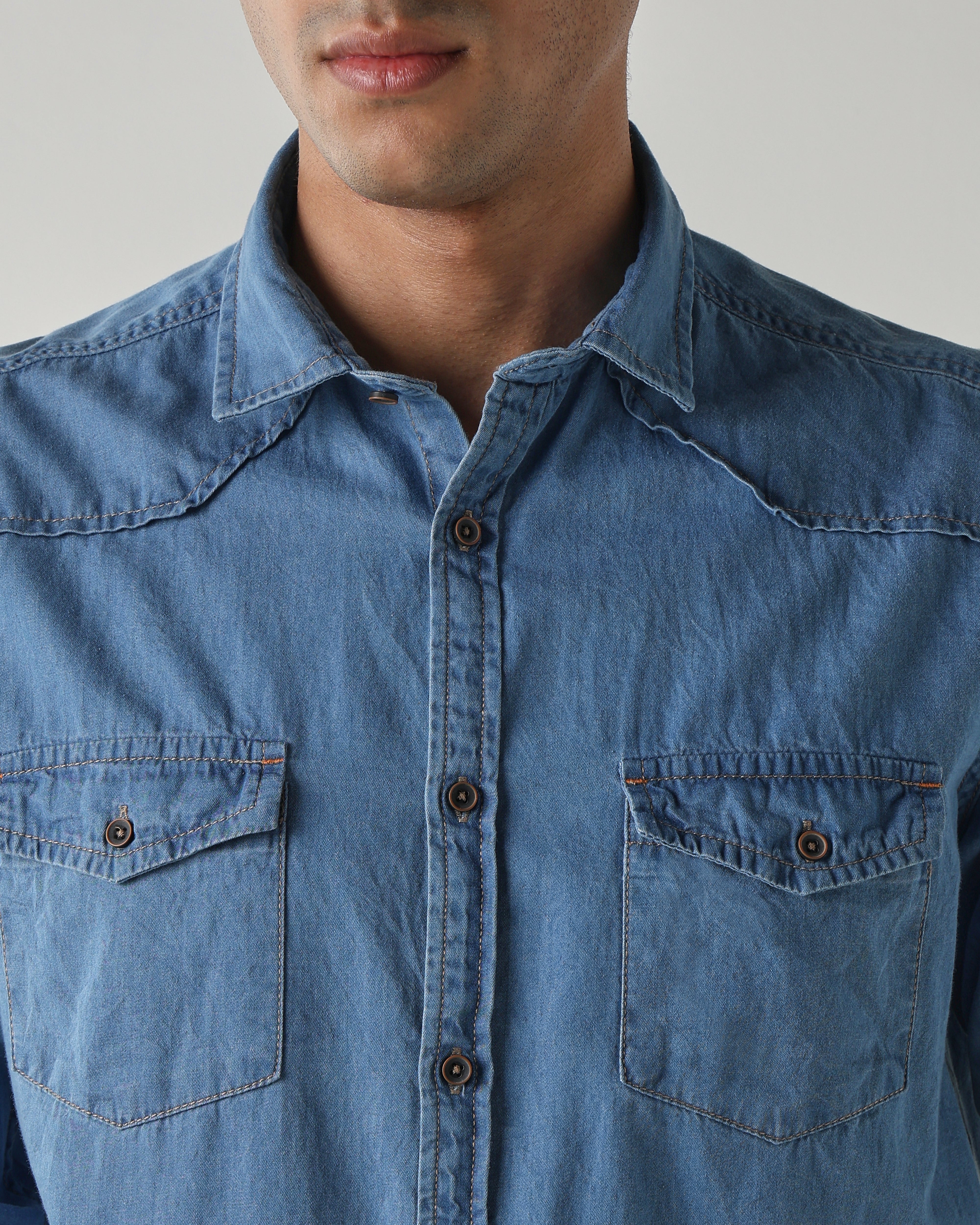Men Slim Fit Denim Shirt- Light Blue