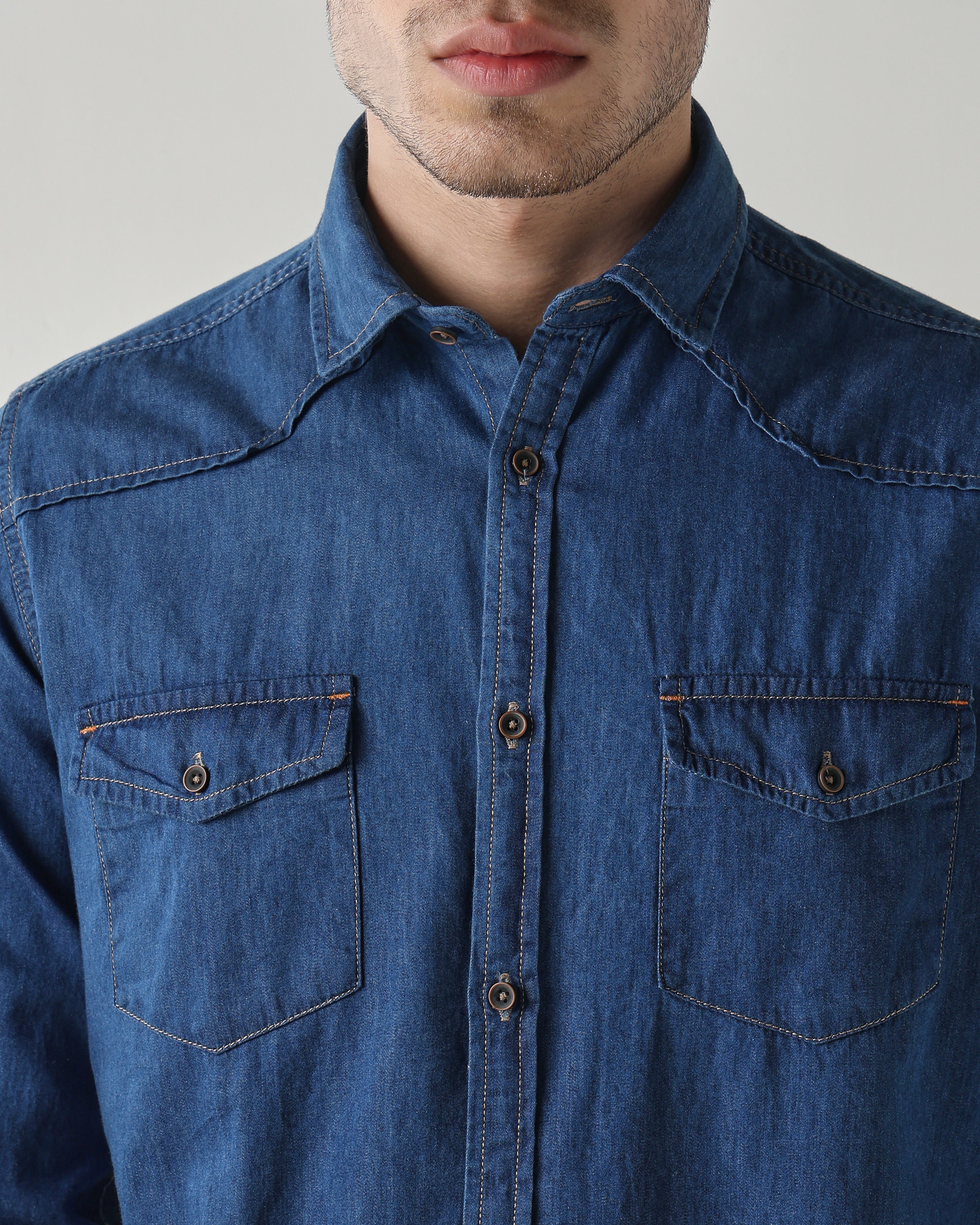 Men Slim Fit Denim Shirt - Medium Blue
