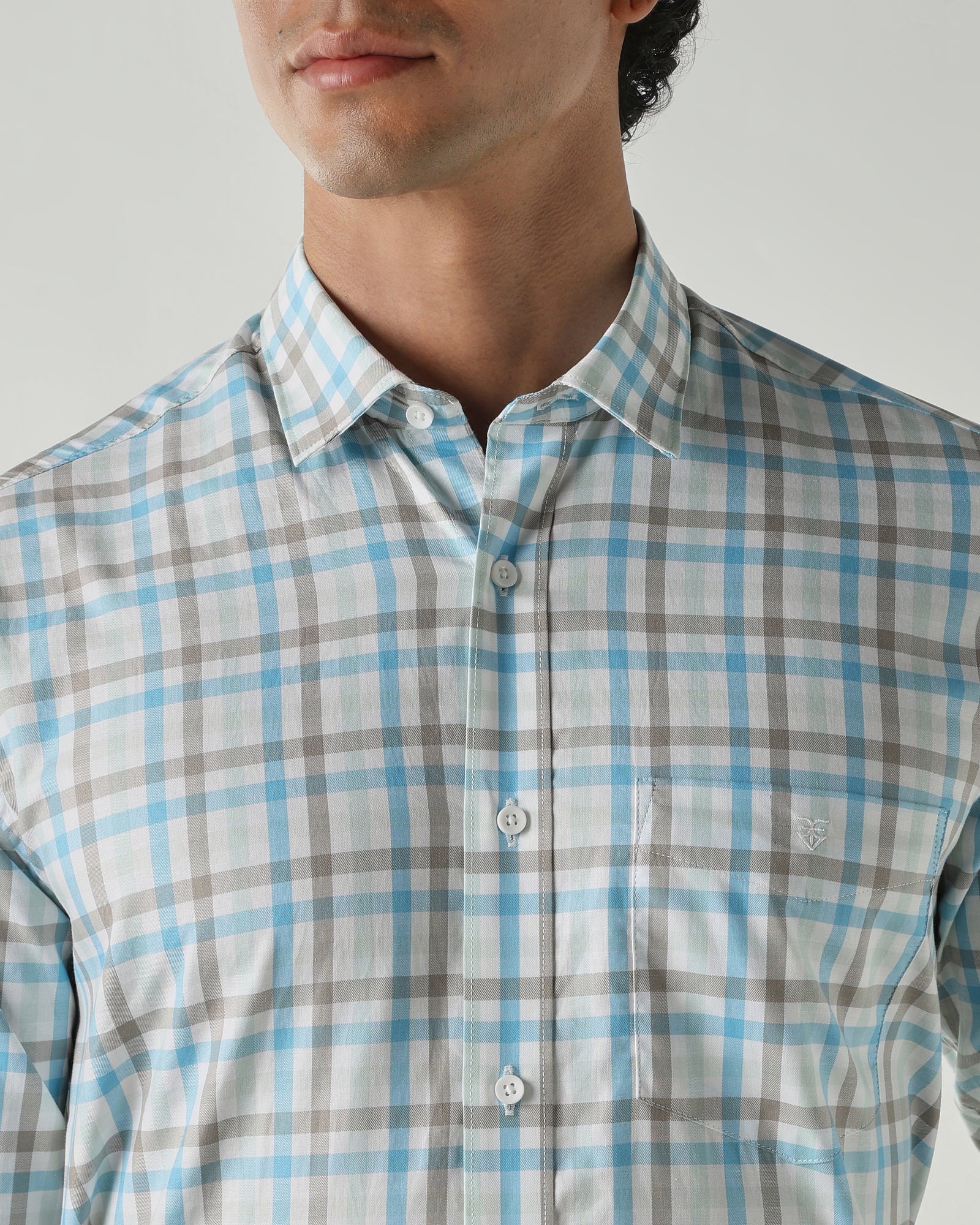 Men Slim Fit Shirts Aqua/Green/Brown