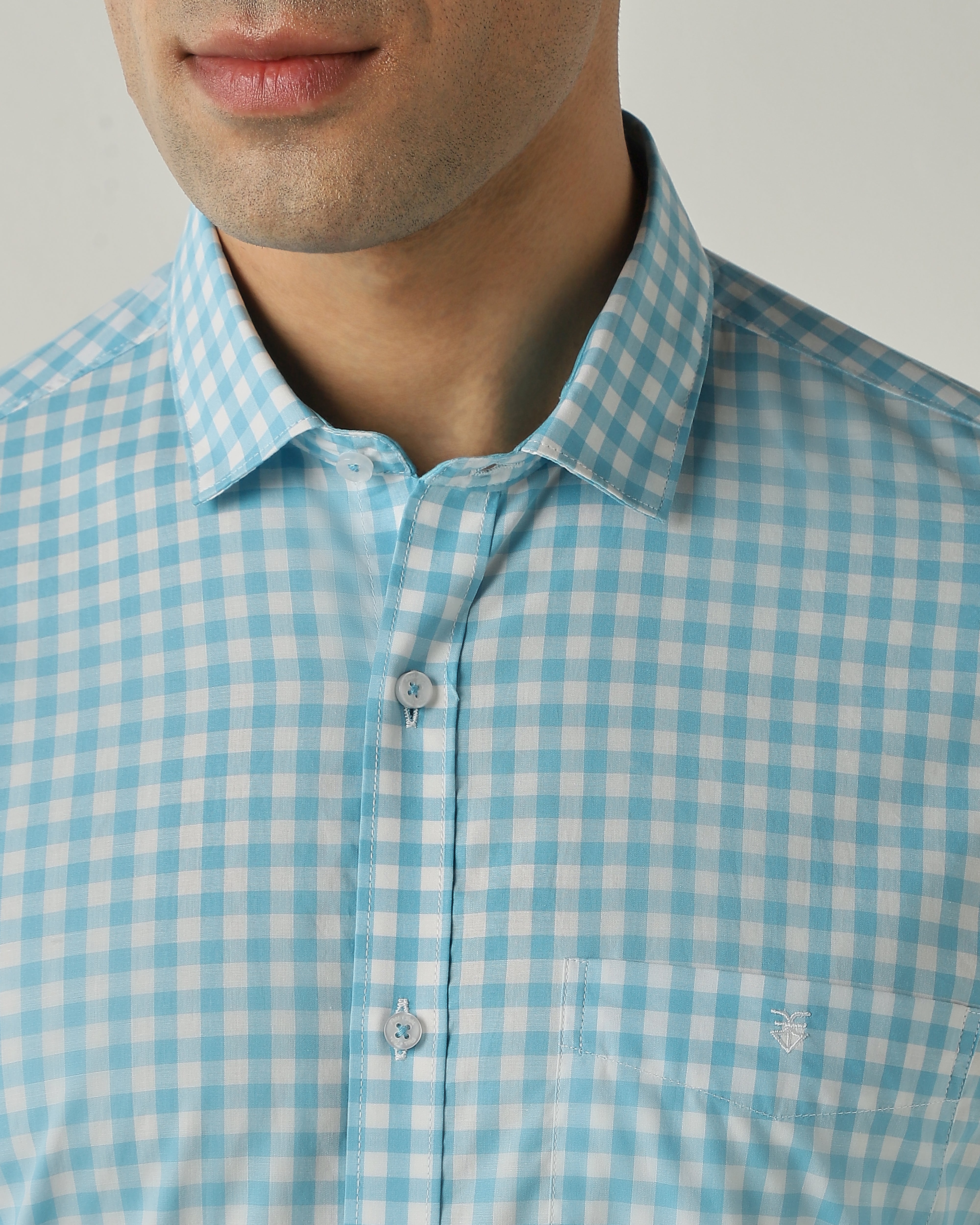 Shirt Aqua/White Slim Fit 100% Cotton