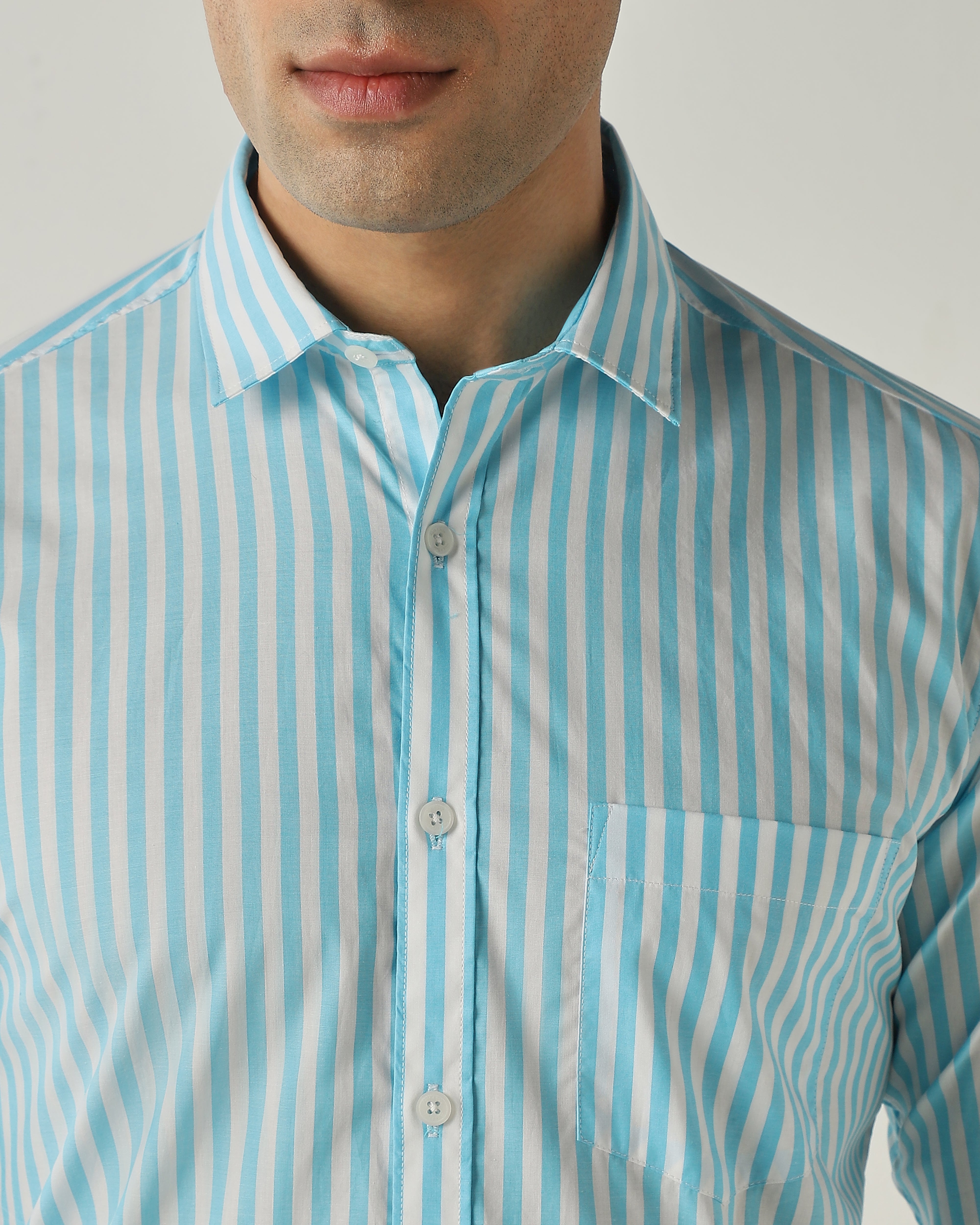 Shirt Aqua/White Slim Fit 100% Cotton