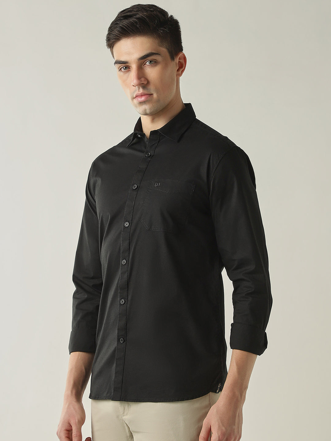 Men's Cotton Stretch Ripstop Slim Fit Full Sleeve Casual Shirt - Black