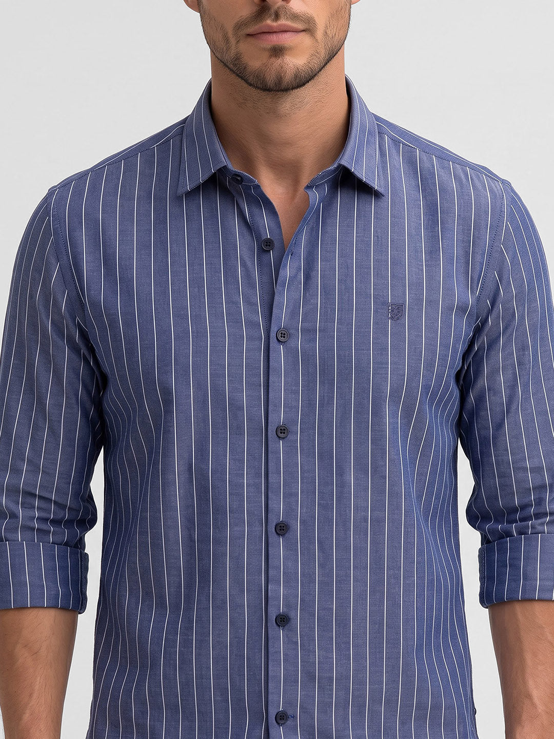 Men's Pure Cotton Stripes Slim Fit Full Sleeve Casual Shirt - Blue