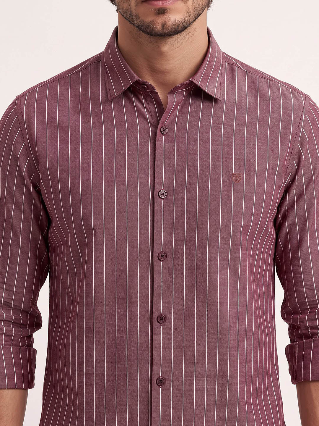 Men's Pure Cotton Stripes Slim Fit Full Sleeve Casual Shirt - Red