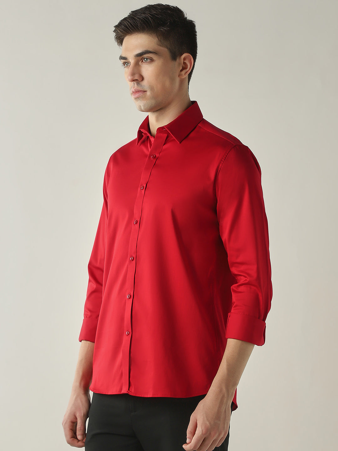 Men's Cotton Stretch Solid Slim Fit Full Sleeve Casual Shirt - Red