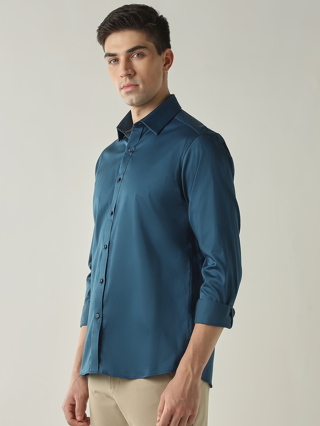 Men's Cotton Stretch Solid Slim Fit Full Sleeve Casual Shirt - Teal