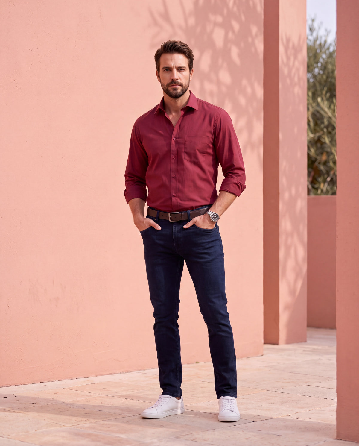 Men's Pure Cotton Solid Slim Fit Full Sleeve Formal Shirt - Red