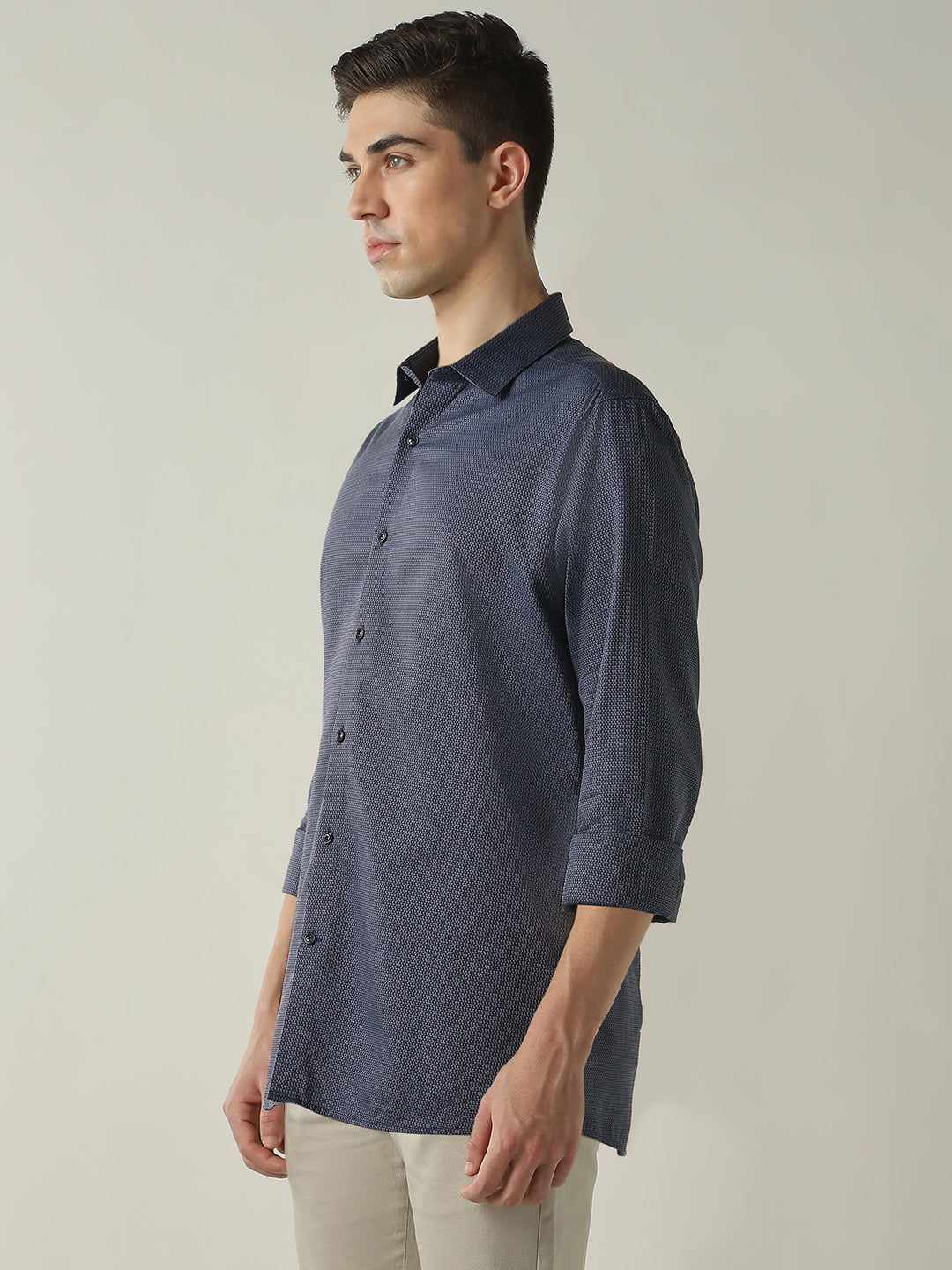 Men's Pure Cotton Dobby Solid Slim Fit Full Sleeve Casual Shirt - Blue