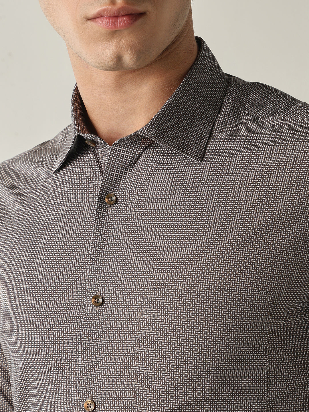 Men's Pure Cotton Printed Slim Fit Full Sleeve Formal Shirt - Brown