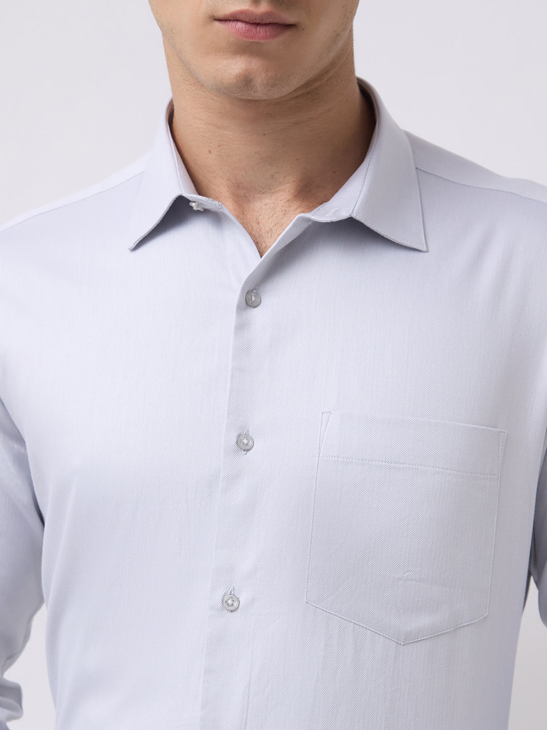 Men's Pure Cotton Herringbone Solid Regular Fit Full Sleeve Formal Shirt - Grey