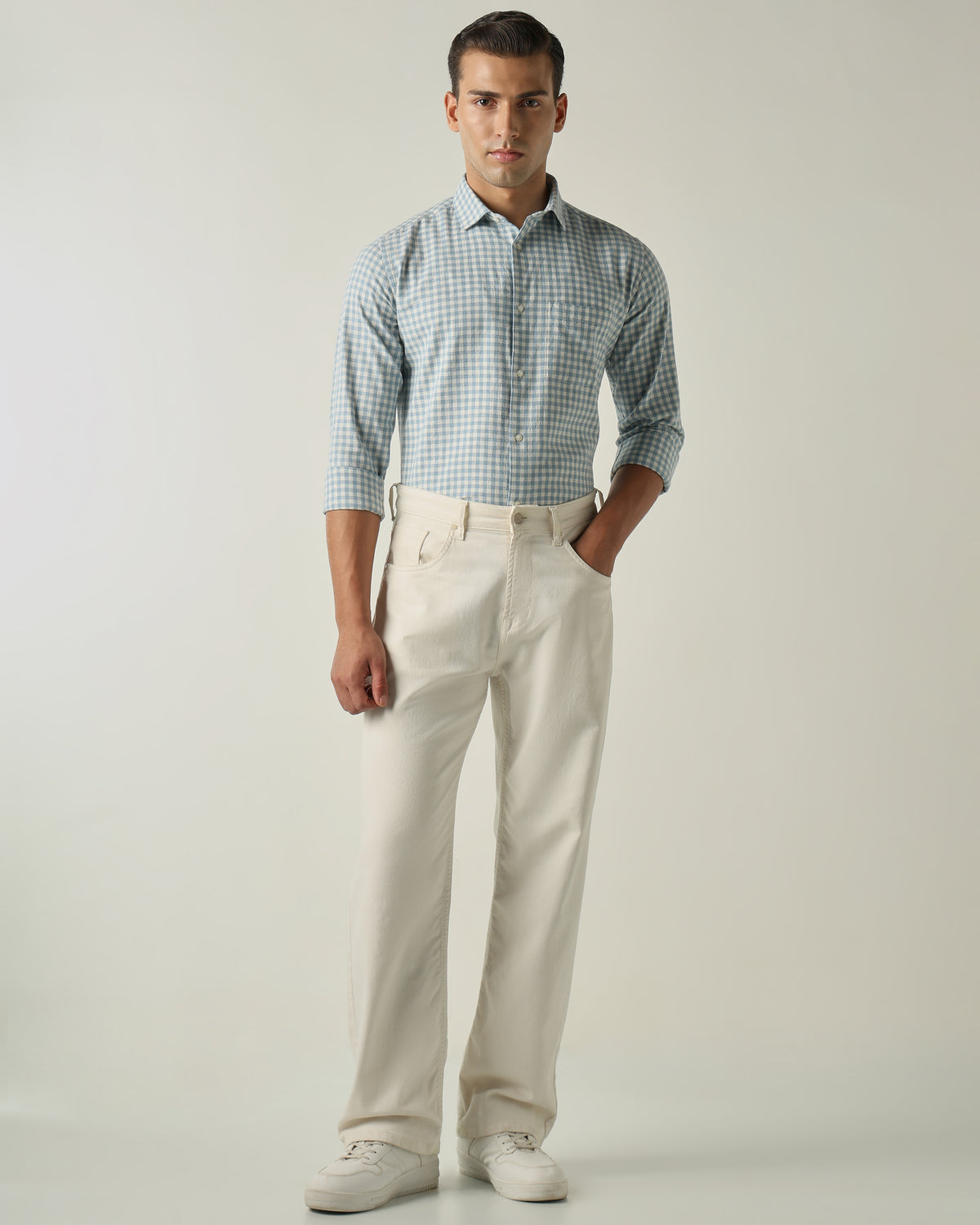 Men's Cotton Linen Checks Slim Fit Full Sleeve Casual Shirt - Blue