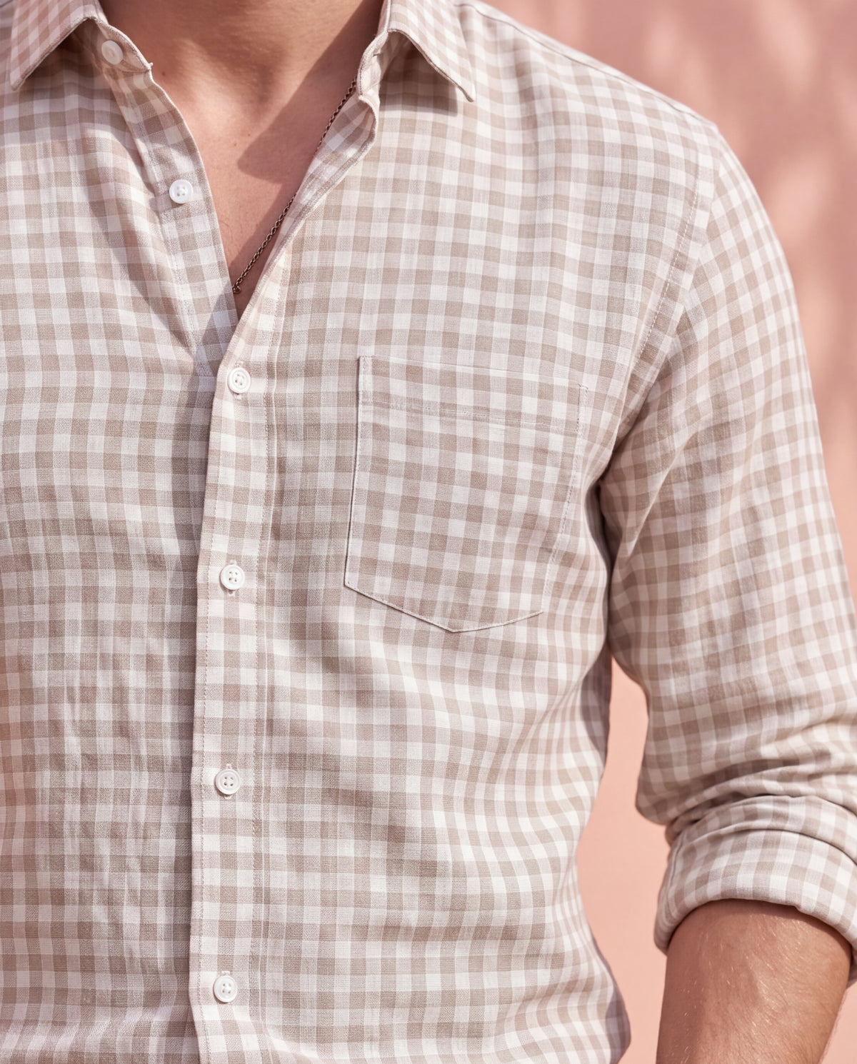 Men's Cotton Linen Checks Slim Fit Full Sleeve Casual Shirt - Brown