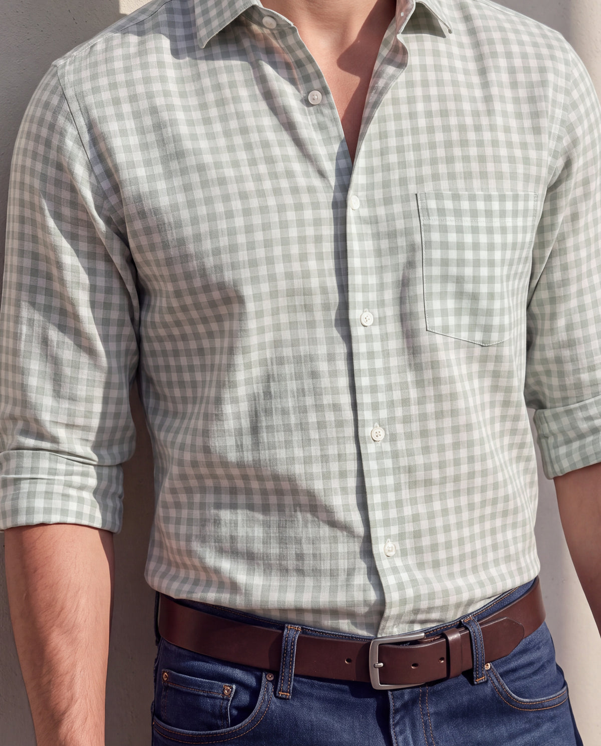 Men's Cotton Linen Checks Slim Fit Full Sleeve Casual Shirt - Green