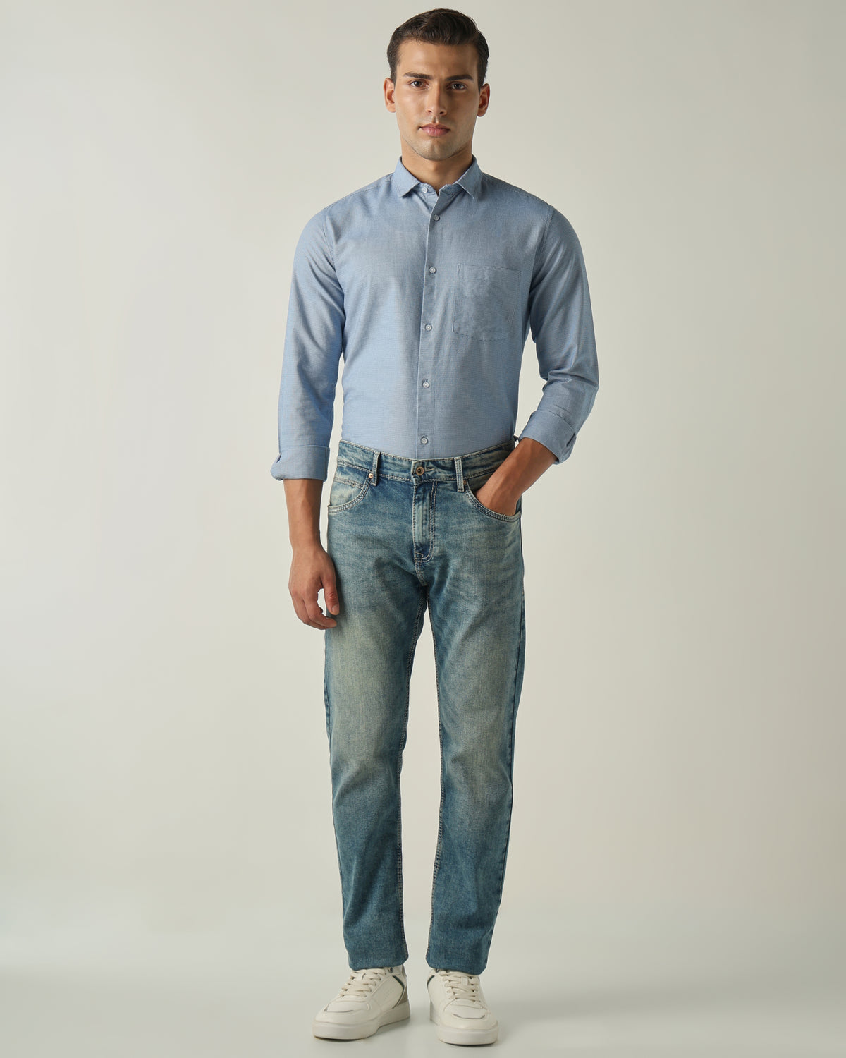 Men's Pure Cotton Houndstooth Checks Slim Fit Full Sleeve Casual Shirt - Blue