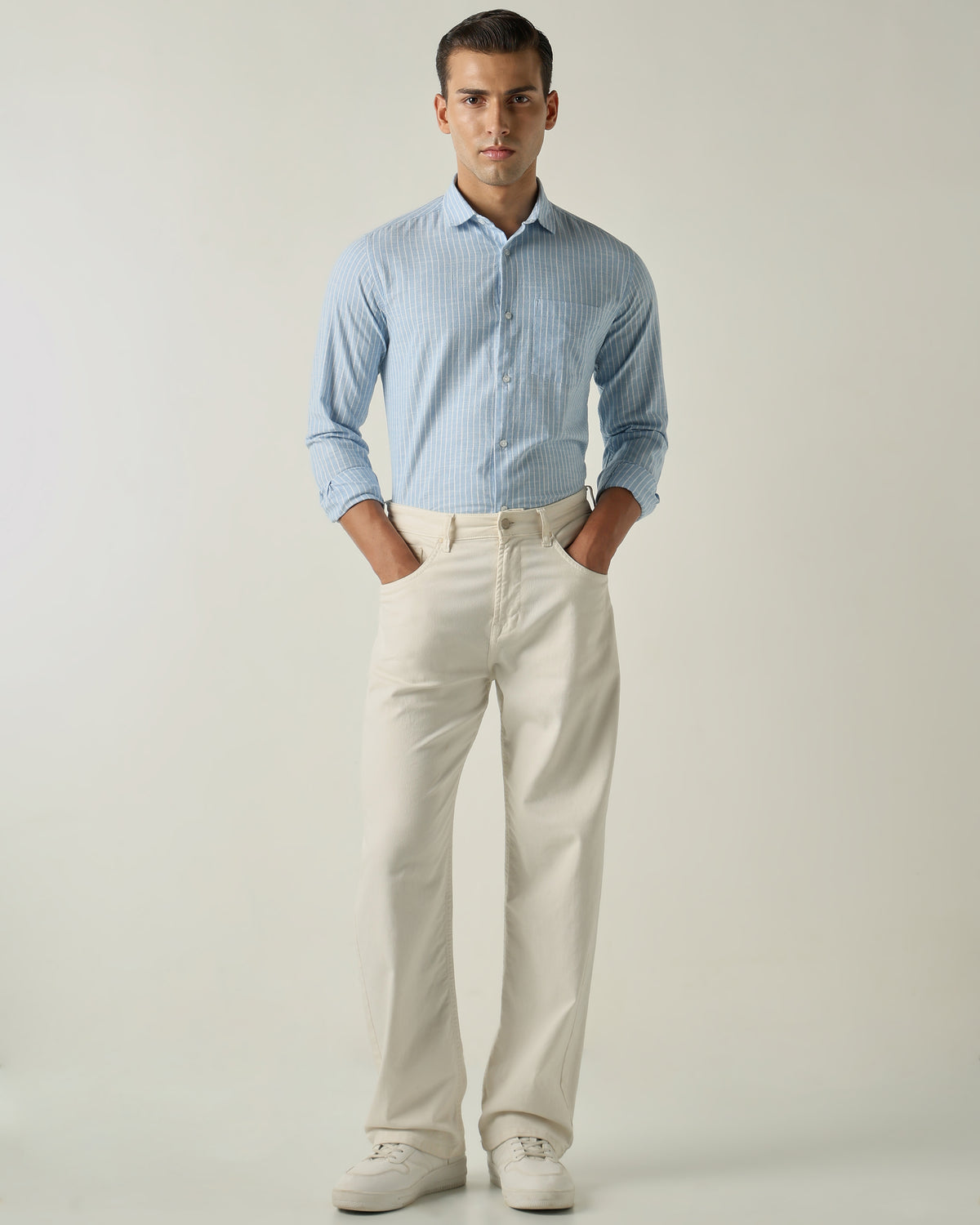 Men's Pure Cotton Stripes Slim Fit Full Sleeve Casual Shirt - Blue
