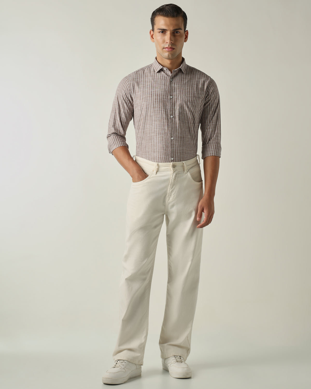 Men's Pure Cotton Stripes Slim Fit Full Sleeve Casual Shirt - Brown