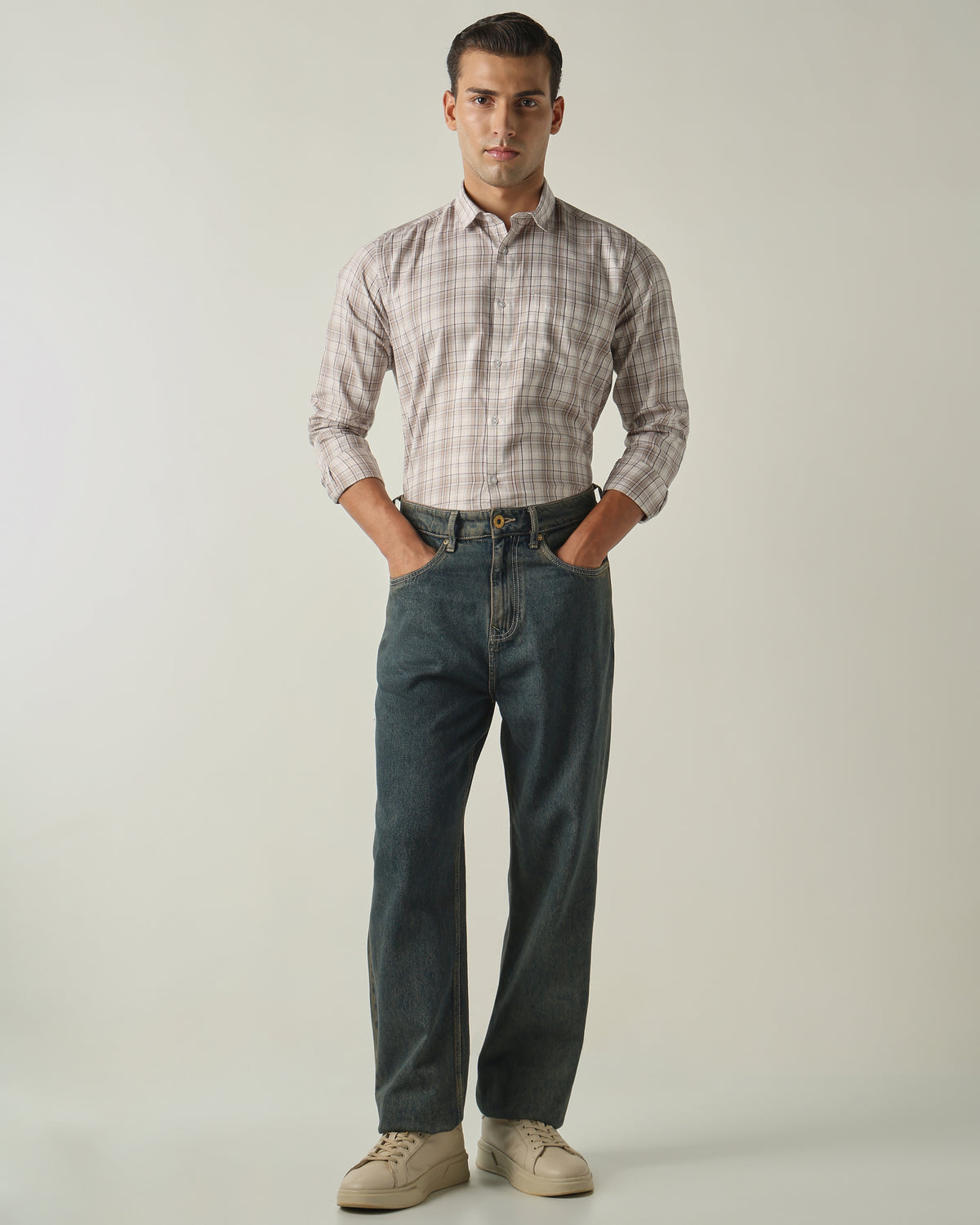 Men's Pure Cotton Checks Slim Fit Full Sleeve Casual Shirt - Beige