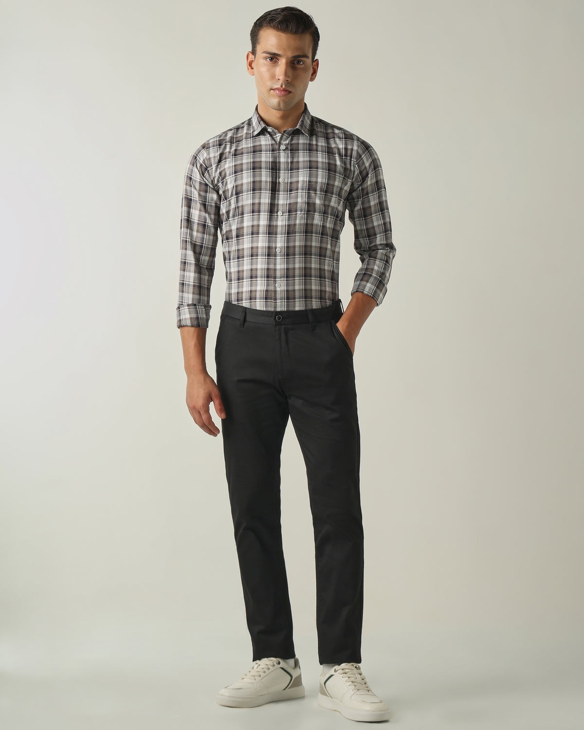 Men's Pure Cotton Checks Slim Fit Full Sleeve Casual Shirt - Beige