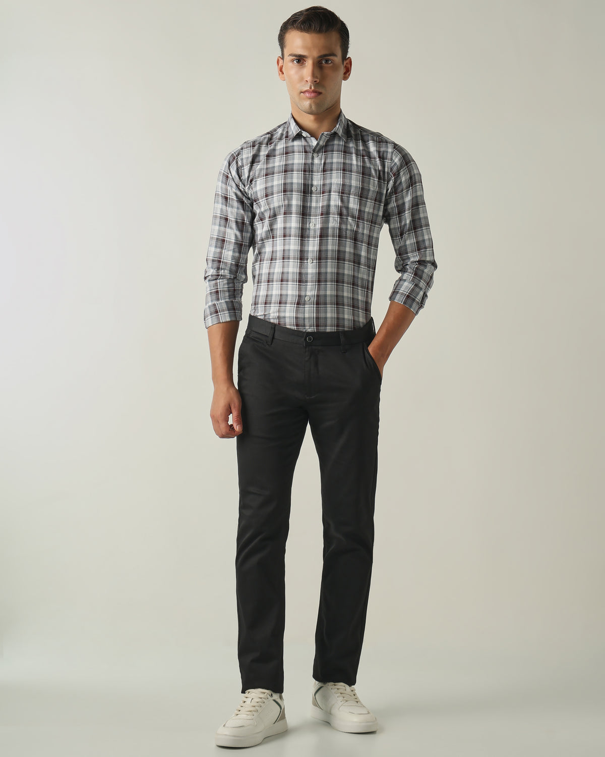 Men's Pure Cotton Checks Slim Fit Full Sleeve Casual Shirt - Grey