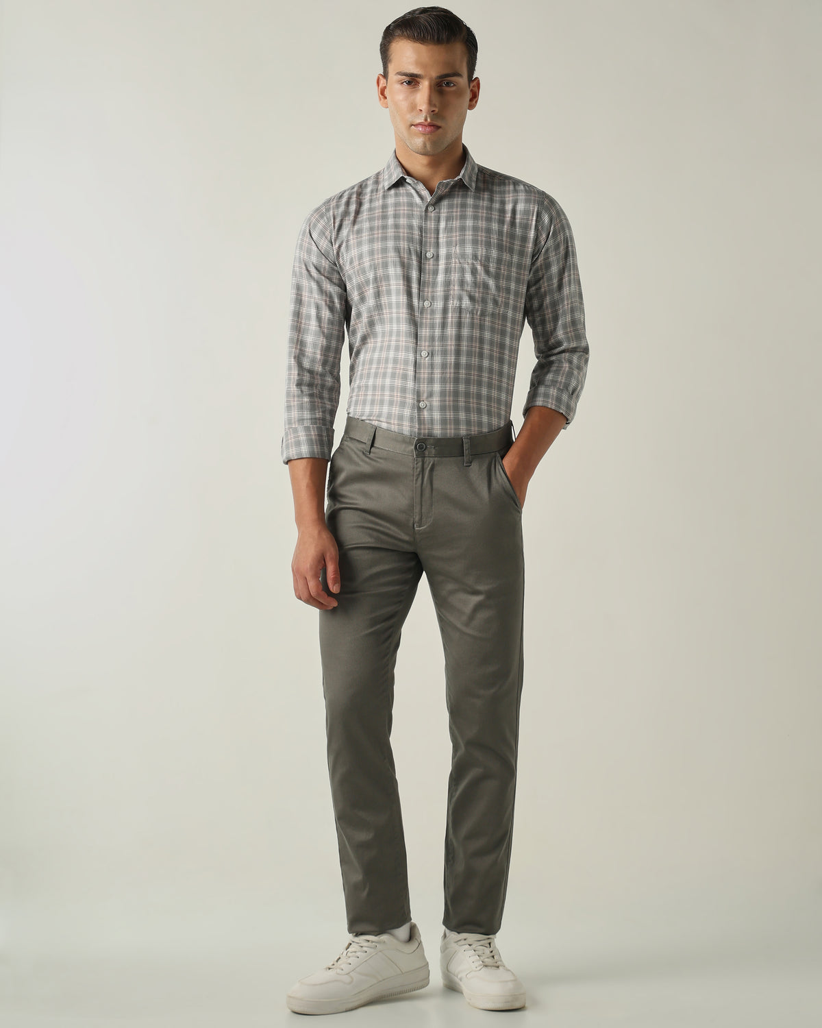 Men's Pure Cotton Checks Slim Fit Full Sleeve Casual Shirt - Grey